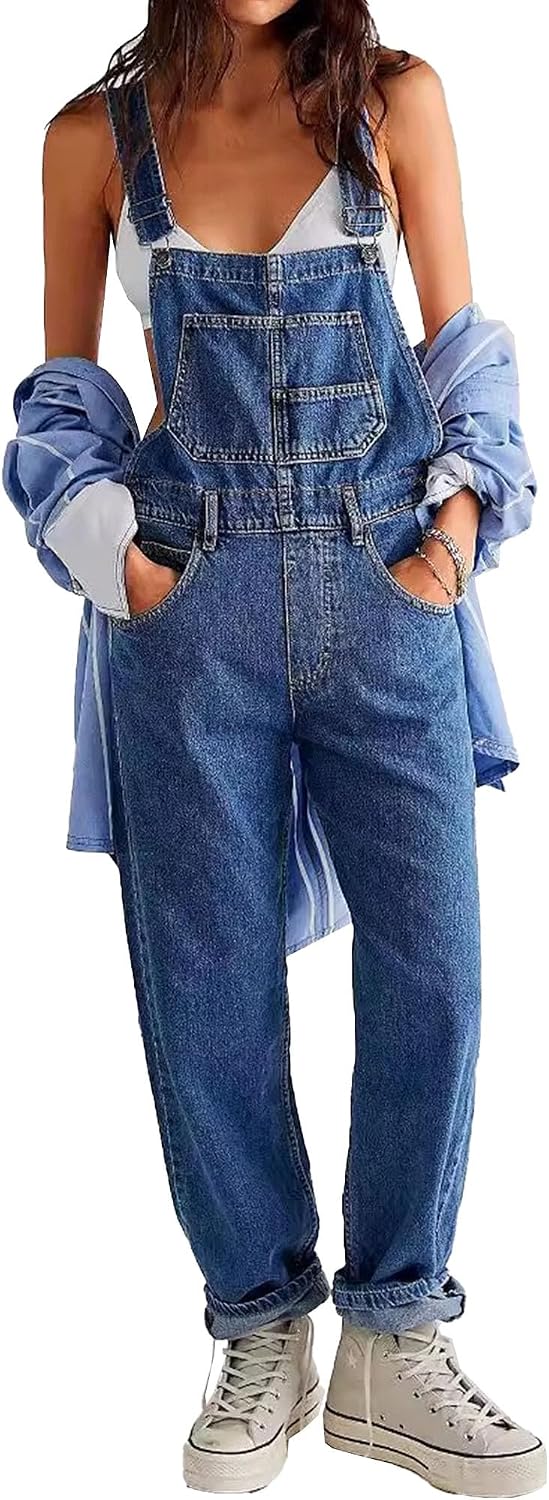 Womens Overalls Denim Bib Overalls Barrel Leg Adjustable Strap Jean Pants Jumpsuits with Pockets 2025 Trendy