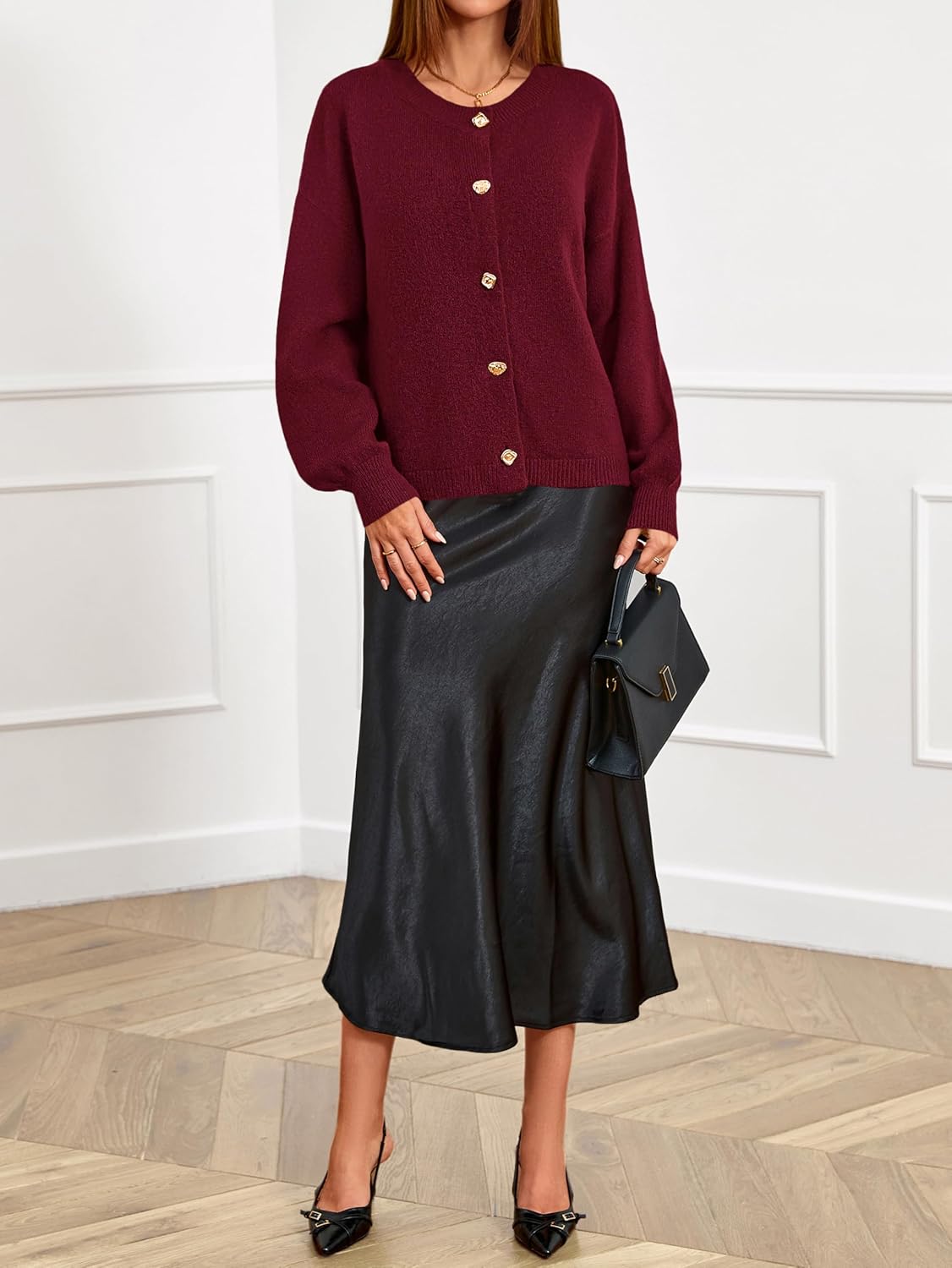 MASCOMODA Fall Long Sleeve Oversized Cardigan Sweaters for Women Trendy Short Open Front Gold Button Up Sweater Jackets - Image 5