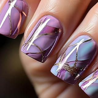 Press on Nails Medium Fake Nails Square Glue on Nails Smudge Acrylic Nails Purple & Blue Full Cover Artficial Nails Gold Lines Stick on Nails for Women 24 Pcs