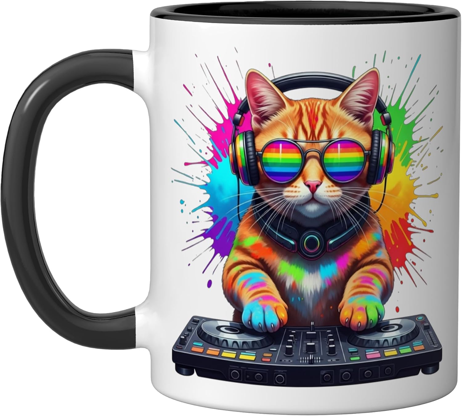 Rainbow DJ Cat with Sunglasses Headphones EDM Music Funny Ceramic Mug, Black/White, 15oz image 4