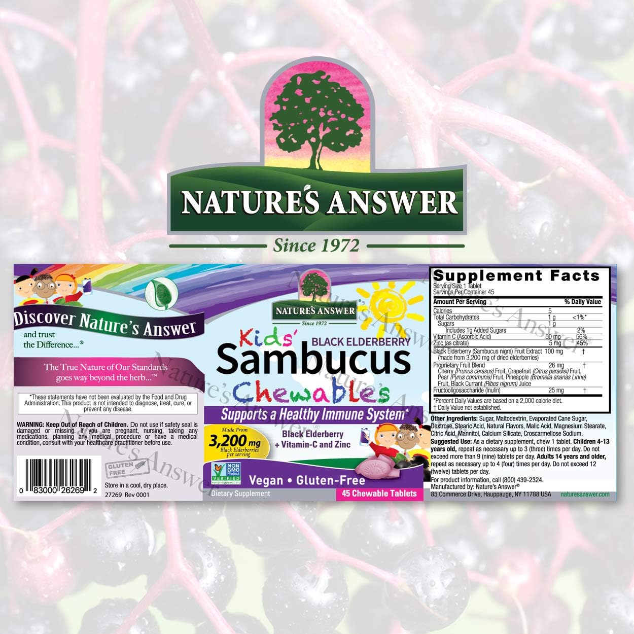 Nature's Answer Kids Sambucus Chewables Black Elderberry with Vitamin C and Zinc Great Tasting Vegan Support Gluten Free Ideal for Healthy Immune System – Elderberry (45 Tablets)