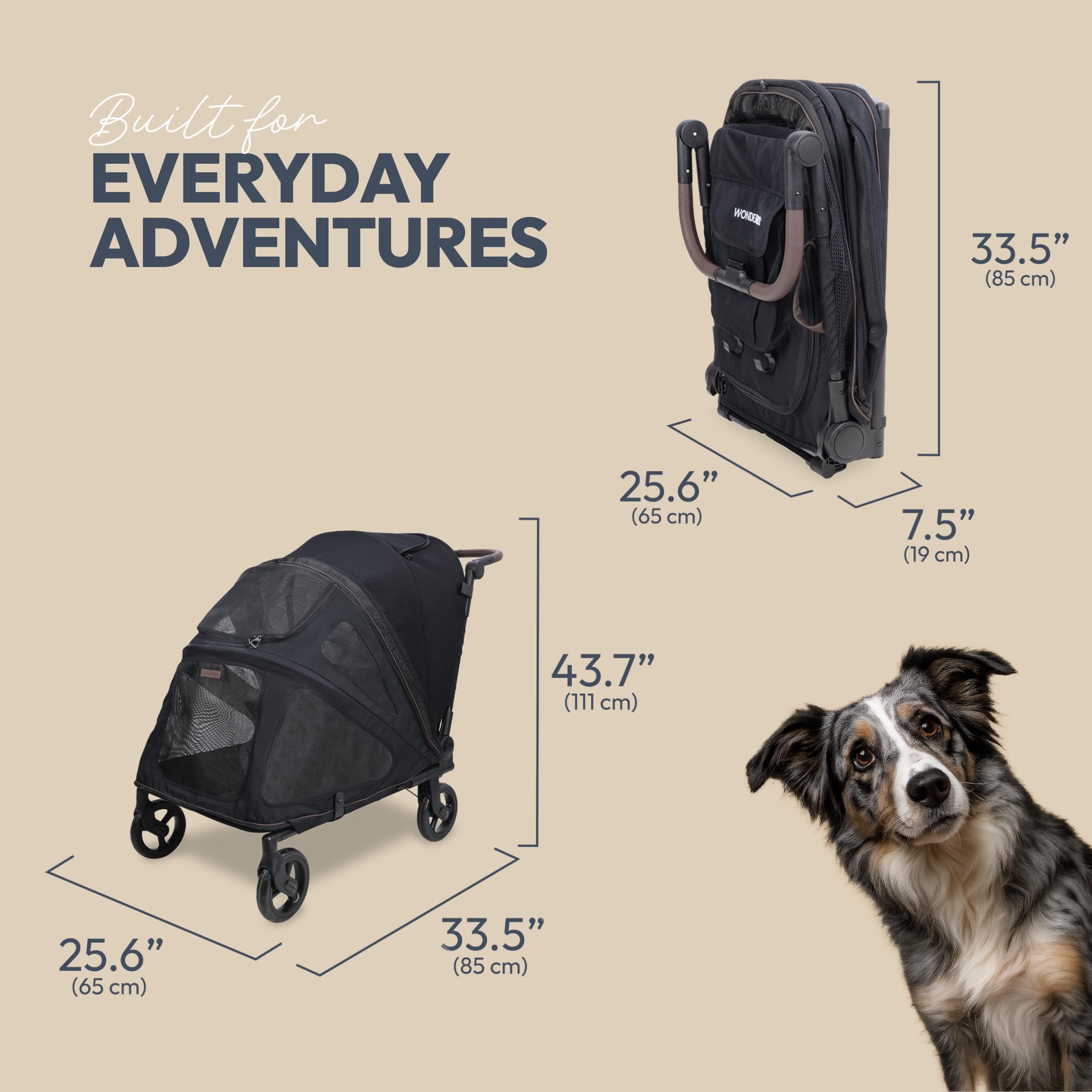 Wonderfold PFL Pet Large Premium Flat Fold Stroller – faltbarer Hundebuggy bis 45?kg, All?Terrain Räder, großer Einstieg, atmungsaktive Netze, flach faltbar – Jet Black