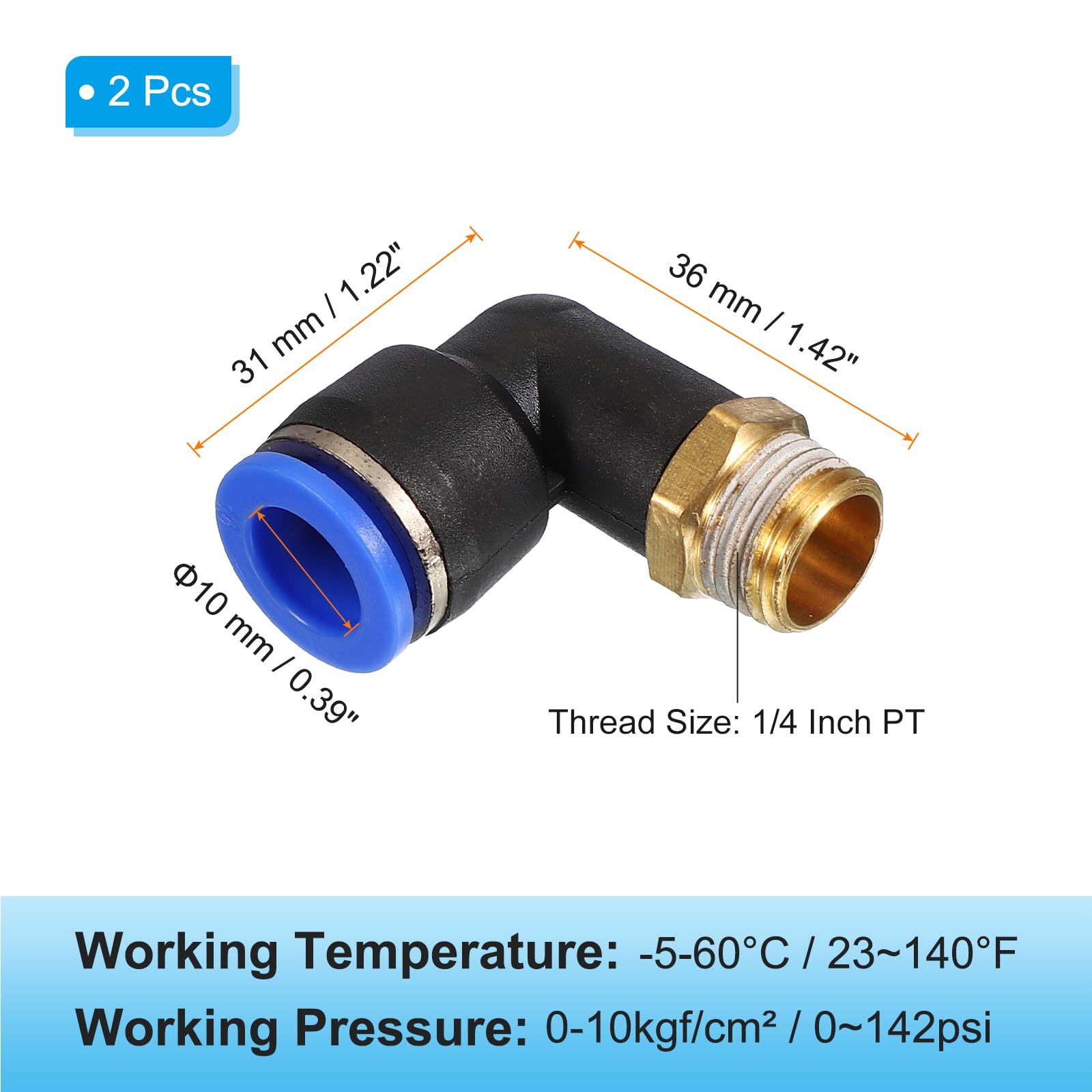 PATIKIL 1/4“ Pneumatik-Steckverbinder 10 Mm – 90° Winkel + Gerade, 2 Stück, Push-to-Connect, Blau
