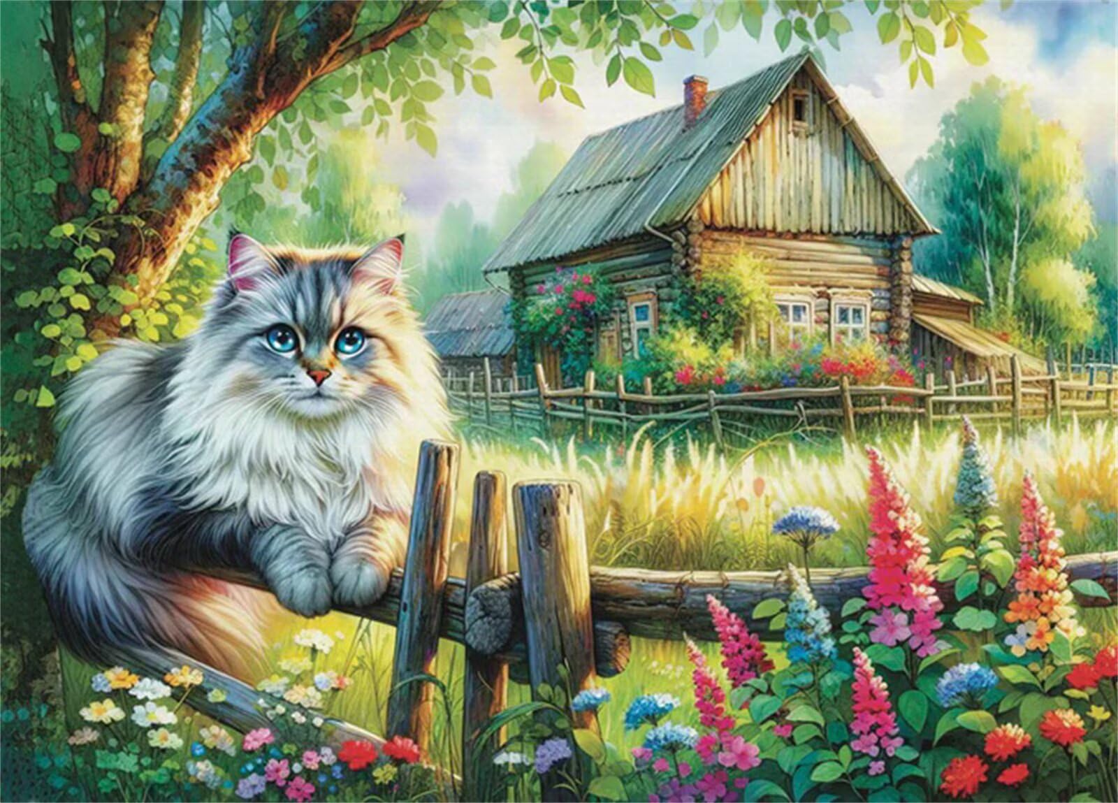 Puzzle dla dorosłych 1000 elementów - DIY puzzle krajobraz domku kot - wyzwanie sztuka, puzzle do zabawy edukacyjnej dla całej rodziny jako dekoracja ścienna i prezent