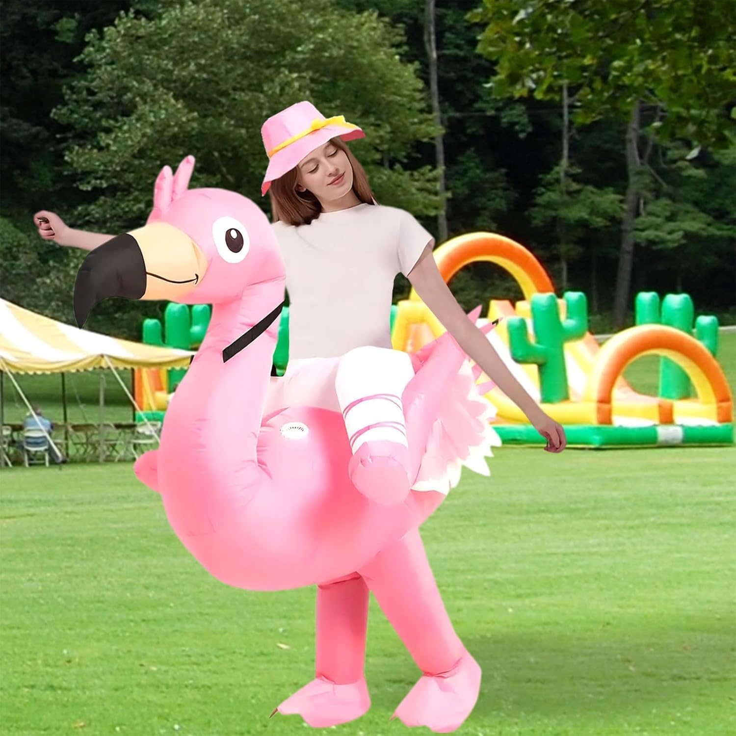 Inflatable Flamingo Costume for Adults and Kids with Pink Hat, Blow Up Ride on Flamingo Costume for Halloween Christmas Party, Funny Costume for Men & Women (4.9-6.2 ft)