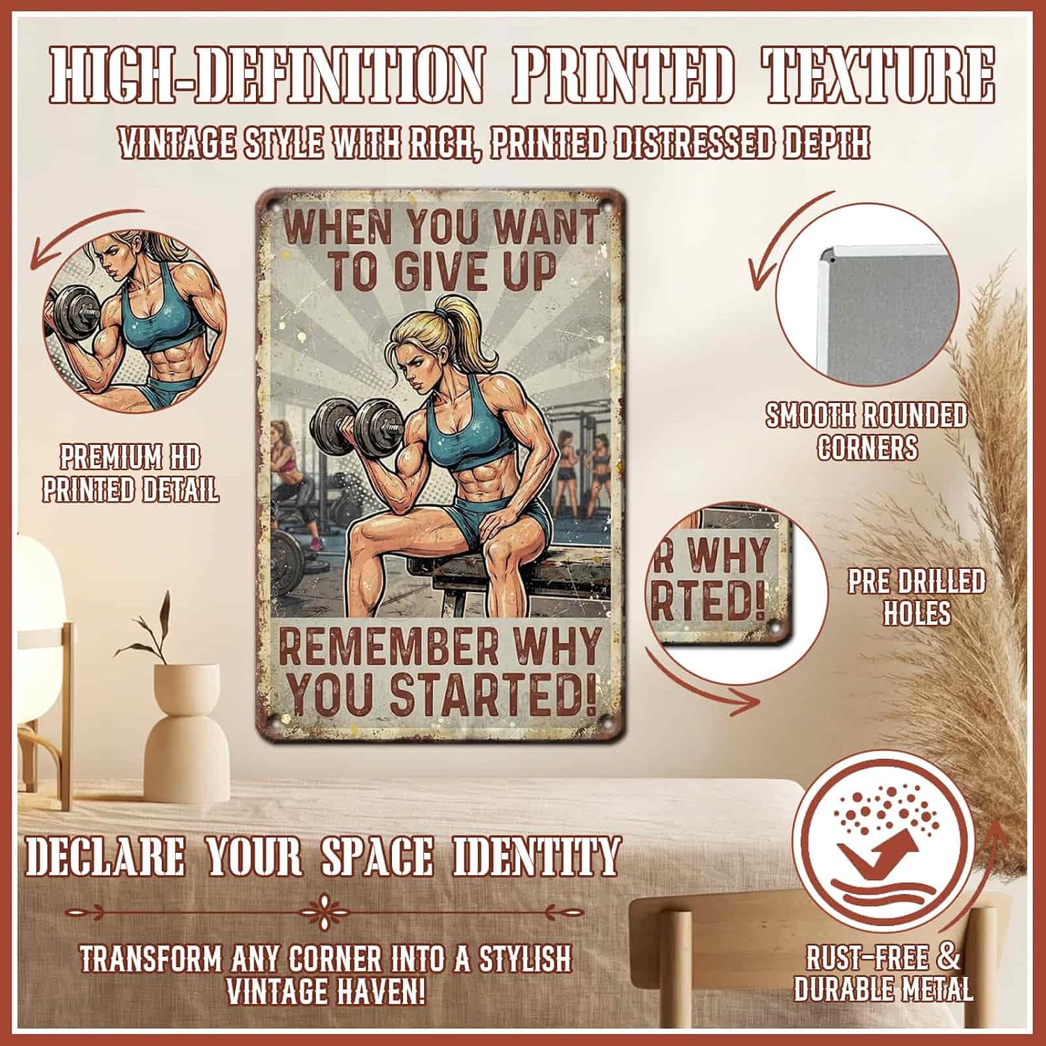 Vintage Workout Motivation Metal Tin Sign for Women Inspirational Quote Gym Wall Plaque Retro Fitness Lover Gift for Home Gym Garage Bedroom 12x8 Inch image 3