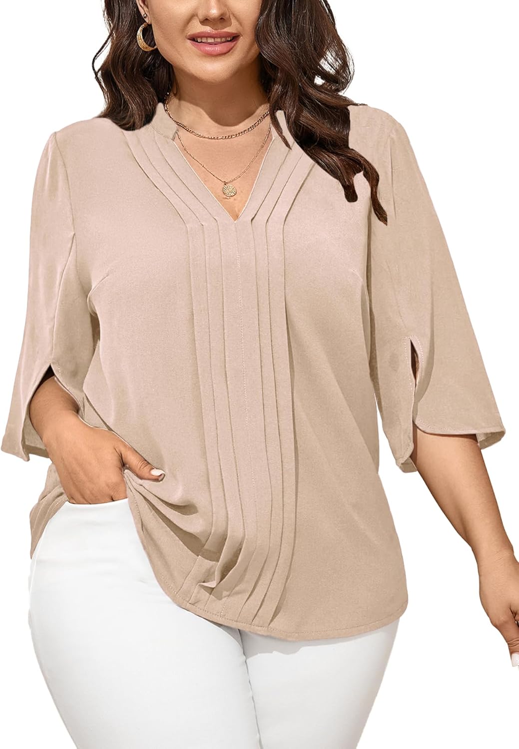 SCOMCHIC Women's Plus Size Blouses 3/4 Sleeve Dressy Tunic Tops Casual Loose V Neck Pleated Shirts