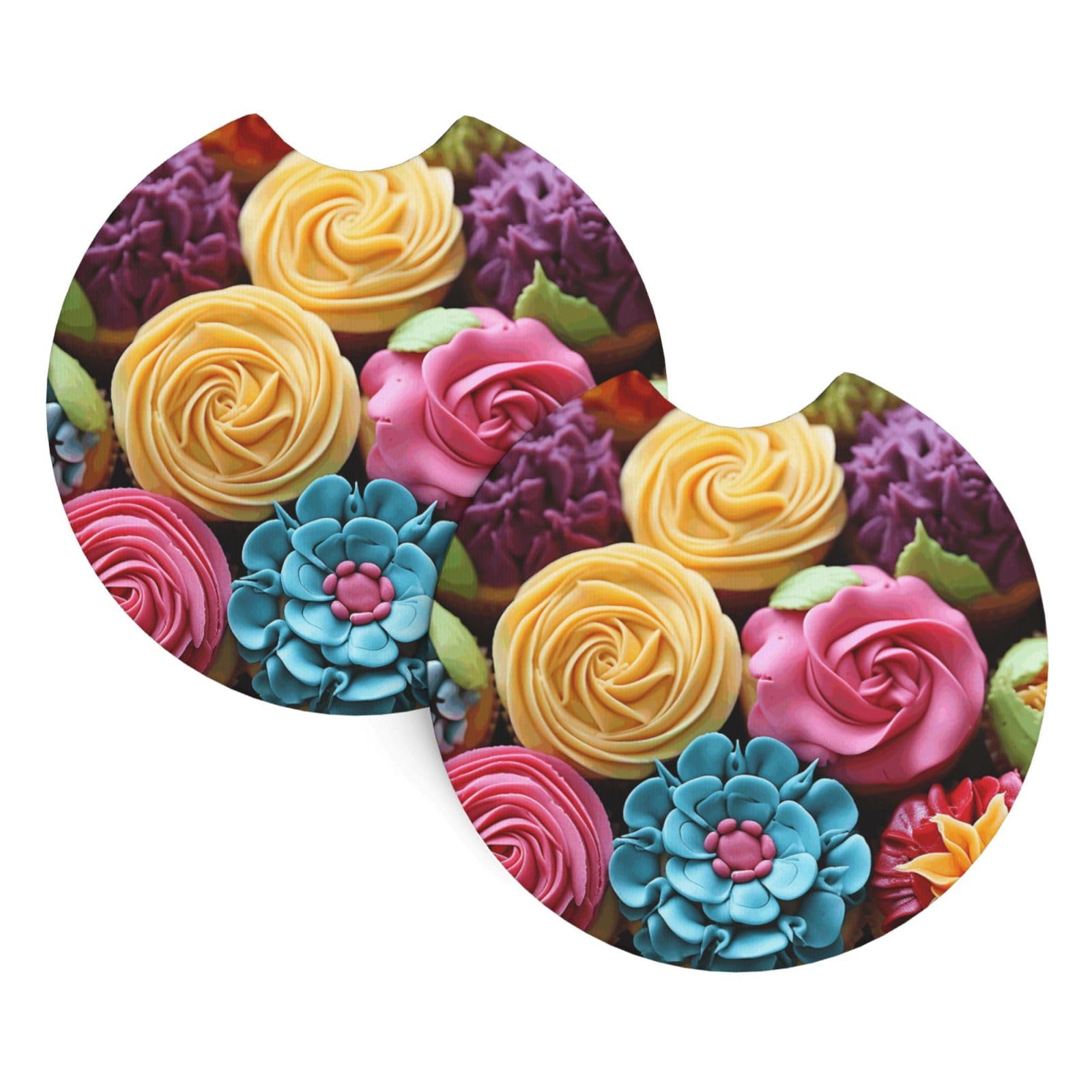 2PCS Car Coaster for Cup Holders Universal Auto Cup Mat Colorful Cupcakes Rainbow Cup Coaster Pad 2.7" Waterproof Neoprene Non-Slip Cup Holder Coasters Car Interior Accessories for Women Men