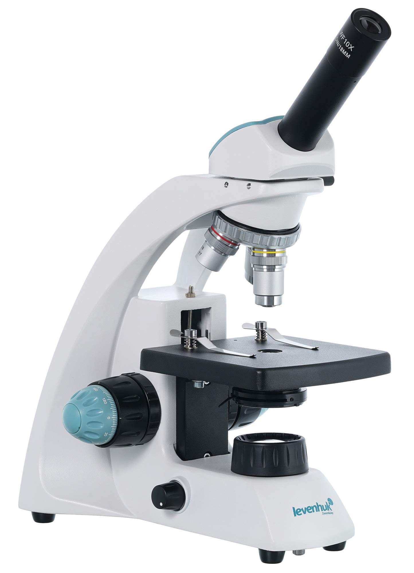 Levenhuk 500M Microscopio Monocular Compuesto Biológico, con Rango de Ampliación de 40x–400x, Luz Halógena, Lente Colectora y 3 Filtros de Color Incluidos en el Kit