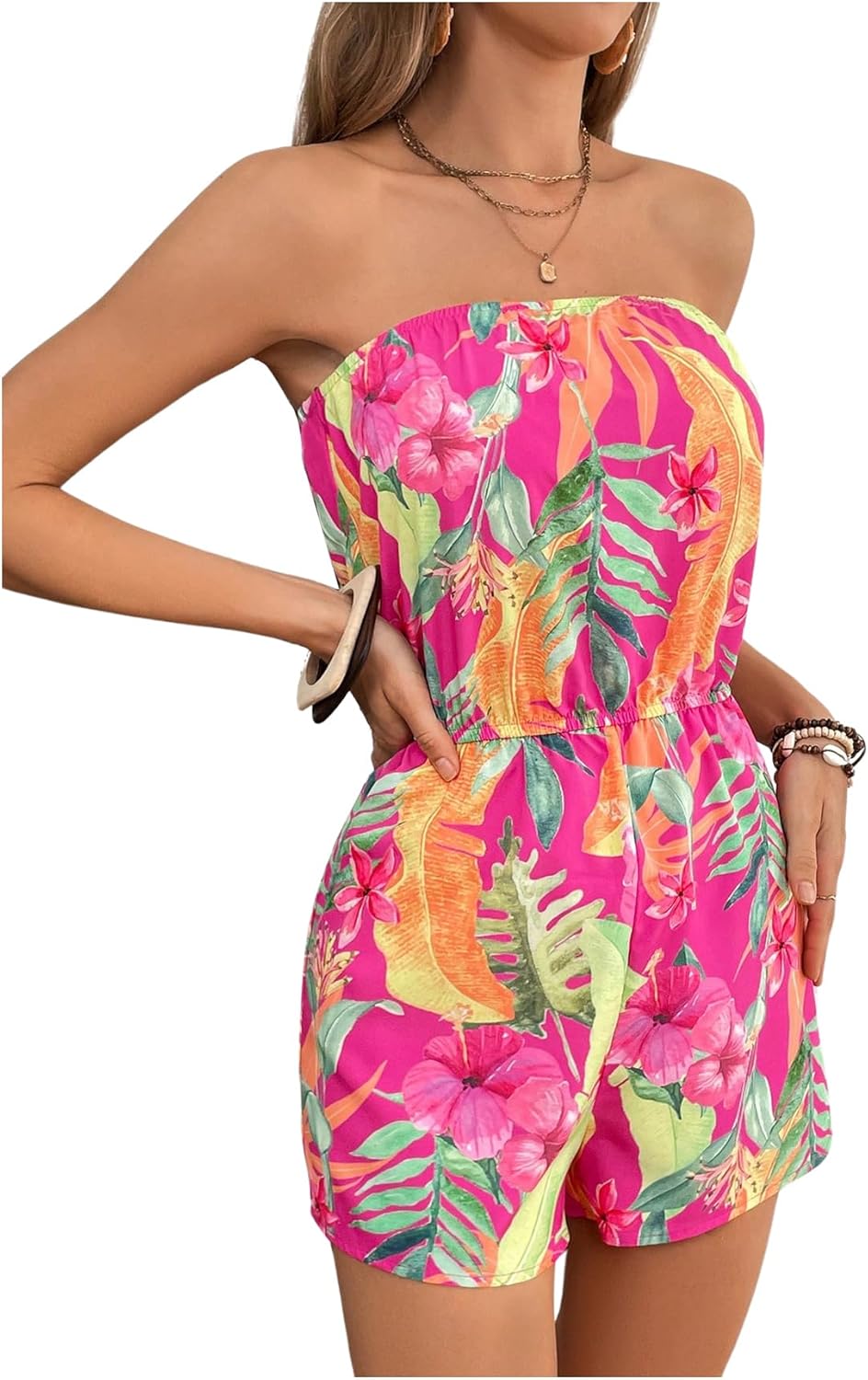 WDIRARA Women's Tropical Print Sleeveless Strapless Wide Leg Tube Romper Jumpsuit Boho Shorts