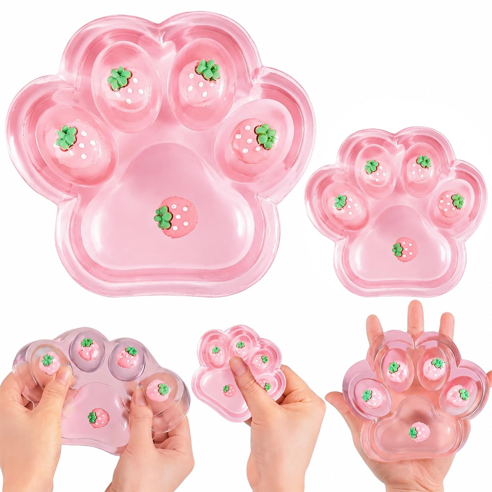 2Pcs Taba Squishy Fidget Toys, Giant 14CM & Mini 6CM Strawberry Squishy Cat Paw Stress Relief Sensory Squeeze Toys for Kids Adults, Sticky Squishies Stress Balls, Birthday Gifts Party Favors