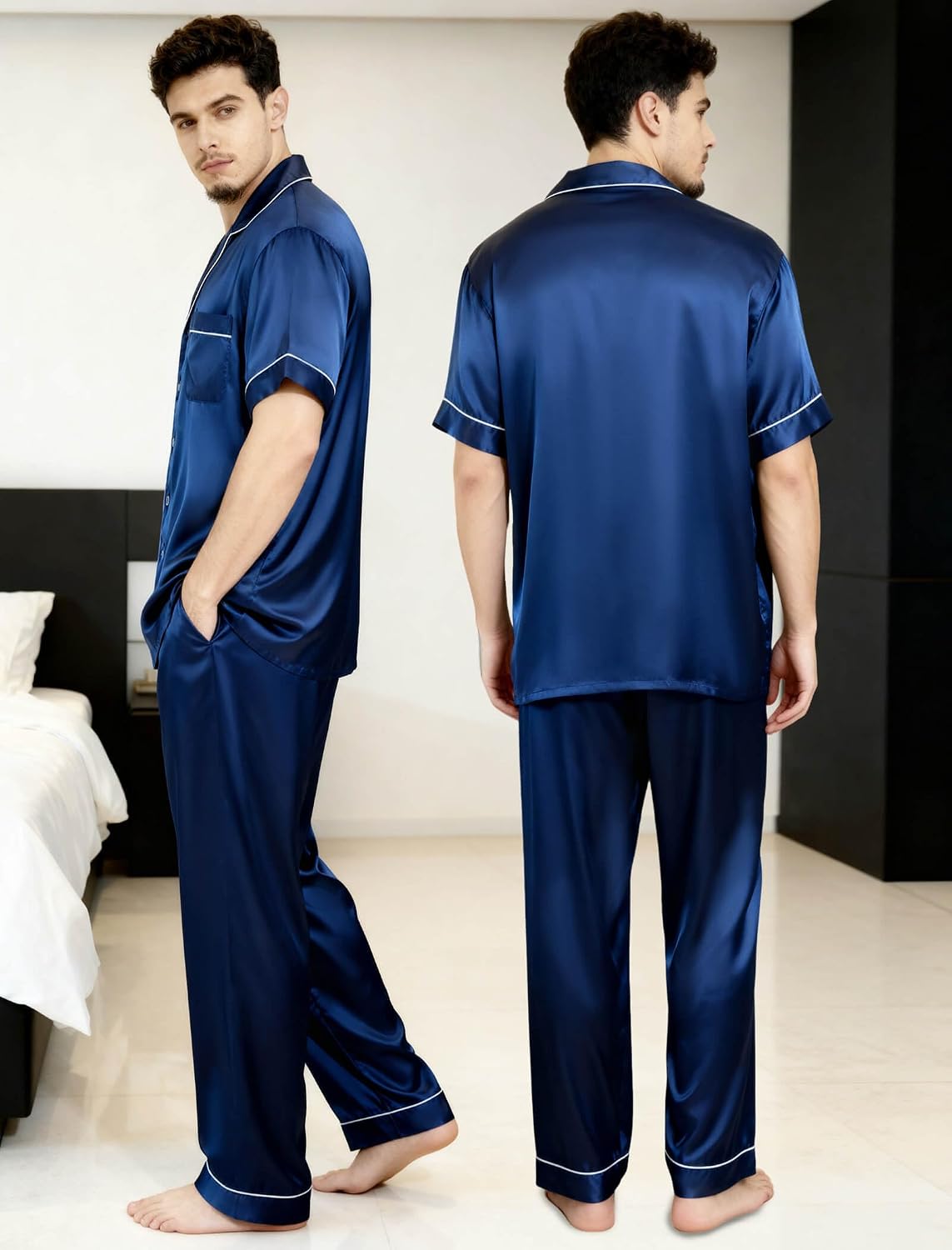 COLD POSH Pure 19 Momme Silk Pajamas for Men 2 pcs Short Sleeve Mens Silk Pajama Set for Valentines Pjs