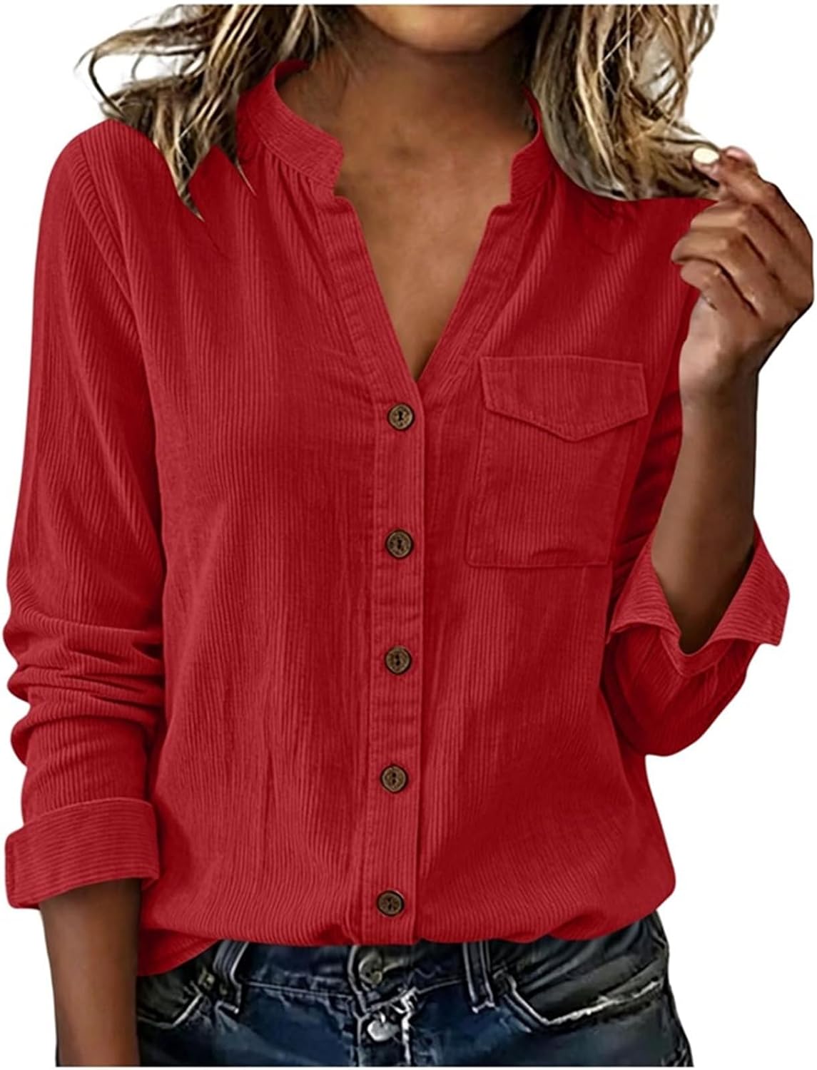 Womens Corduroy Button Down Shirts Long Sleeve V Neck Loose Fit Dressy Blouses Fall Spring Work Office Casual Tops