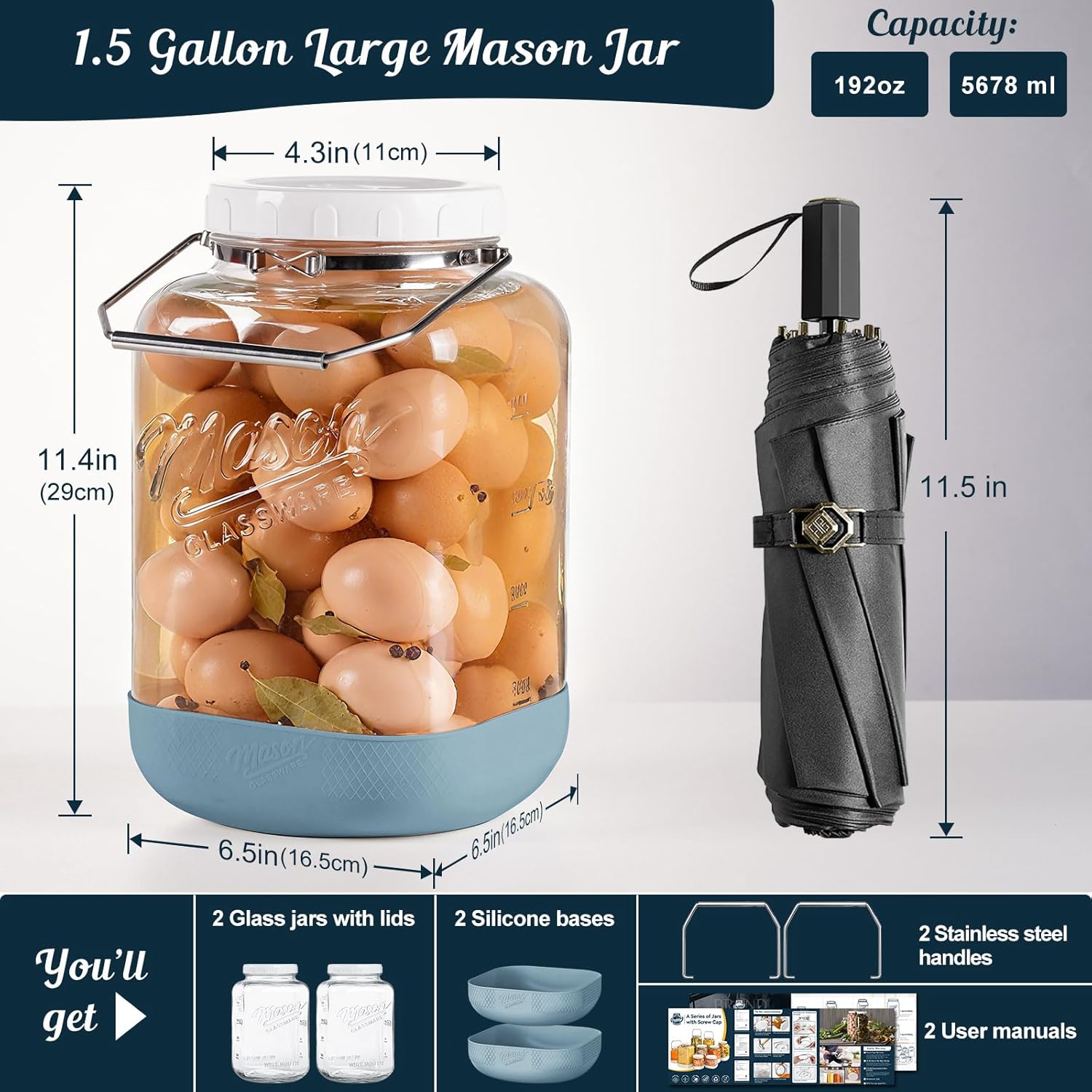 2 Pack 1.5 Gallon Glass Jar With Airtight Lid, Large Mason Jars Wide Mouth with Scale Marks, Big Glass Storage Containers with Heavy-duty Handles & Non-slip Bases - for Flour, Pickling (192Oz