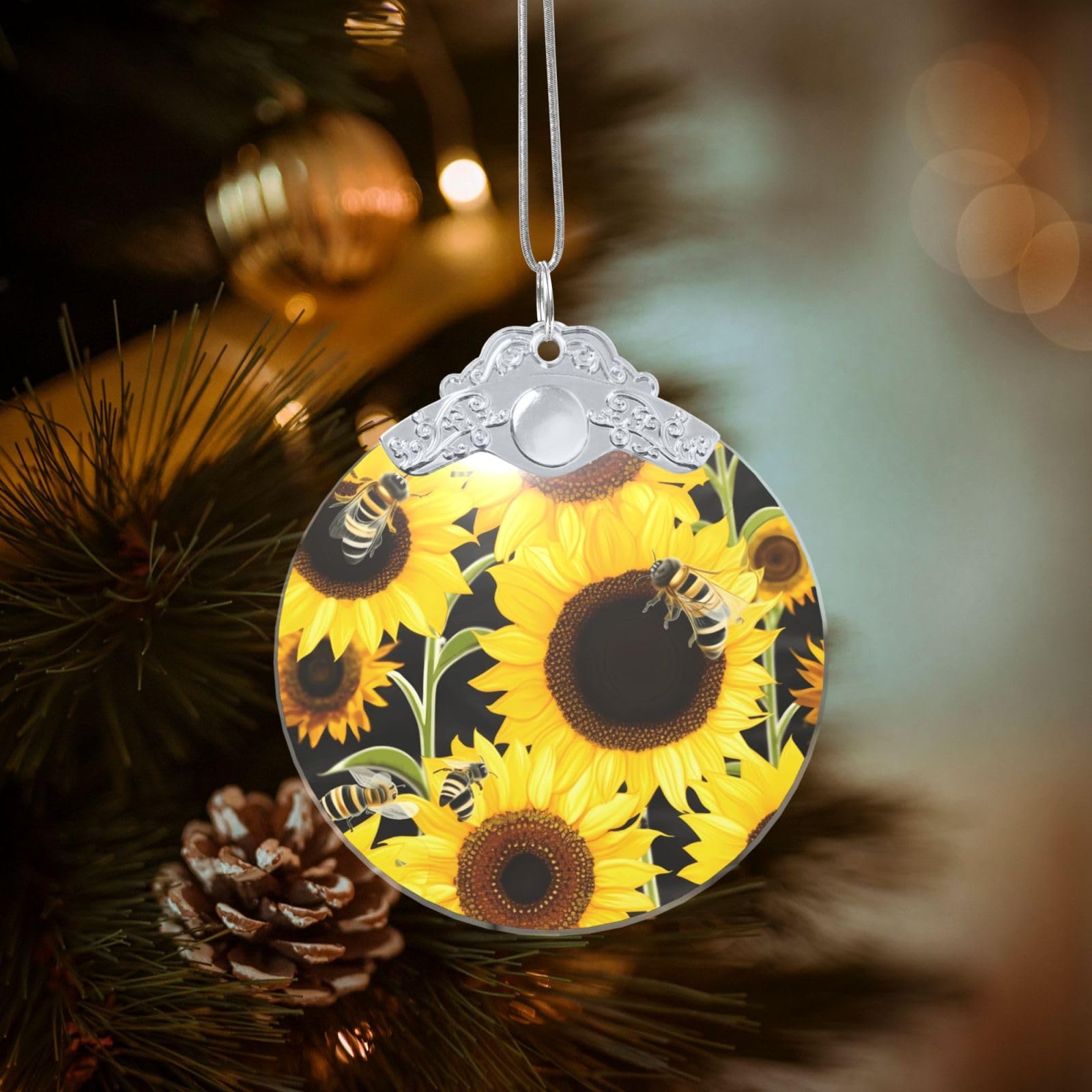 Crystal Christmas Ornaments for Christmas Tree Decoration Hanging Sunflower Bees Ornament with Gold Ribbon Crafts Round Pendant for Keepsake Gifts Glass Xmas Decor Party Supplies