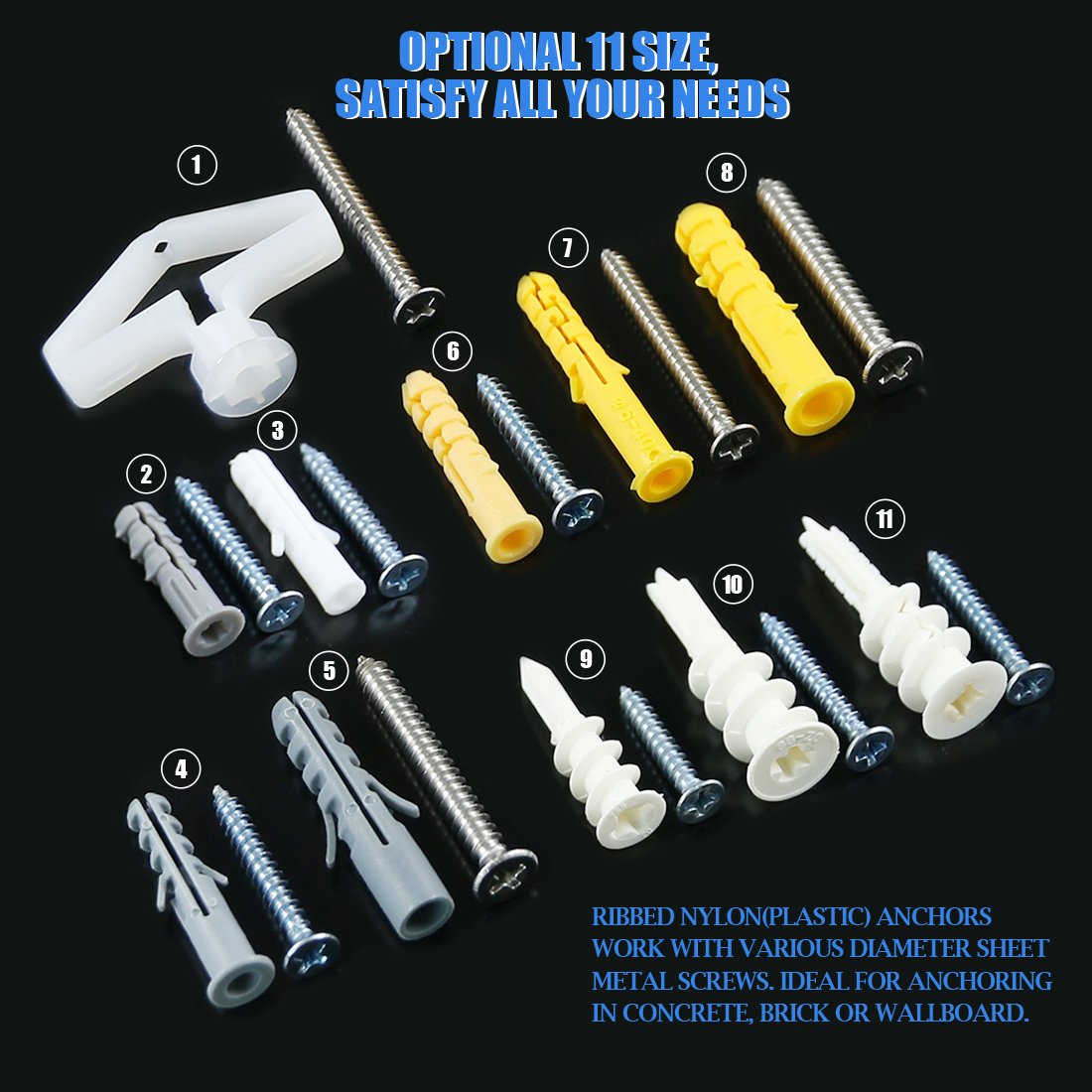 Glarks 212Pcs Phillips Flat Head Self Tapping Screws and Ribbed Anchors Assortment Screws Kit