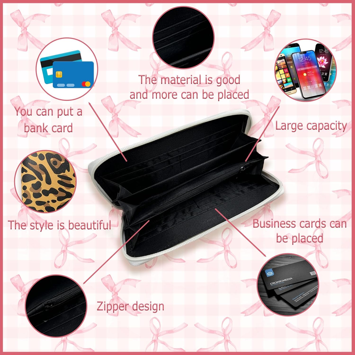 Pink Bow Gifts, Coquette Wallet Pink Bow Cute Cash Clutch Long Billfold With Zipper Coin Pocket Ladies Girls, Birthday Gifts For Mother, Daughter, Bestie, Colleague, Friend image 3