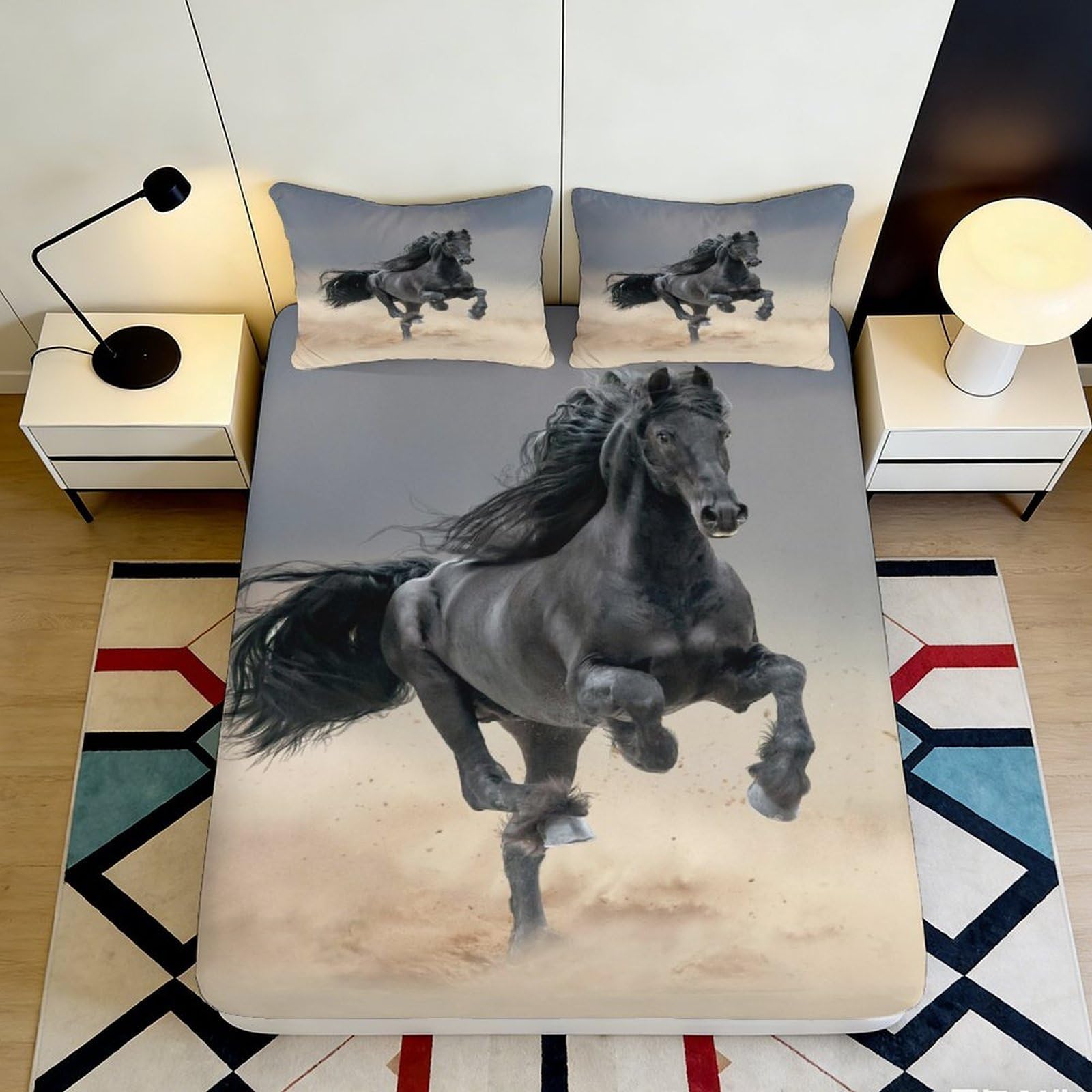 3D Printed Black Running Horse Fitted Sheet Microfiber Soft Breathable Wild Stallion Mattress Cover Bedroom Decor 160x200x25cm