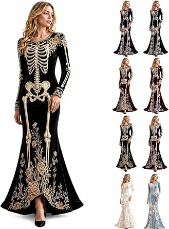 Women Skeleton Gothic Maxi Dress with 3D Digital Print