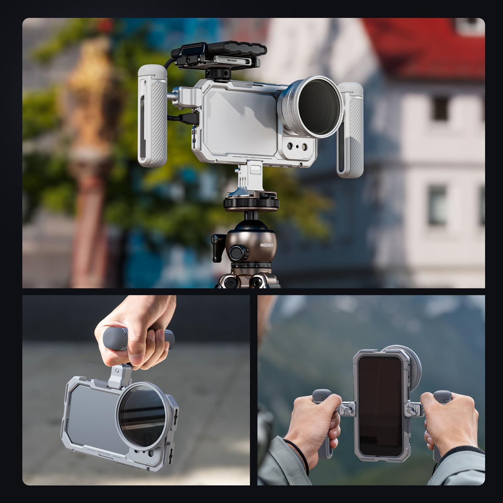 NEEWER Phone Cage Jaula Móvil Kit Compatible Solo con iPhone 17 Pro MAX, Video Rig Estabilizador con 67mm Filtro Aro,17mm Lens Backplate, T Mount Adaptador,Dos Asas Liberación Rápida,PA144 (Plateado)