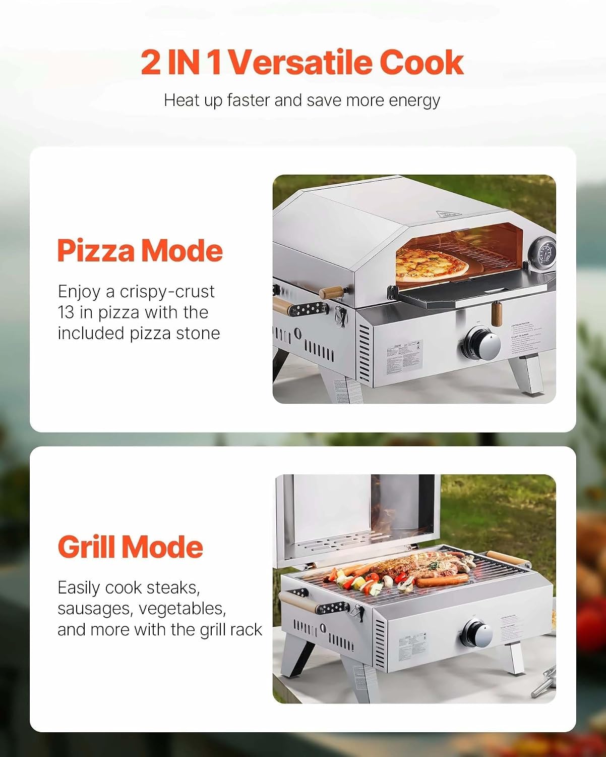 Gas 13 Inch, Portable Outdoor Pizza Maker, Gas Powered Oven with Thermometer, Grill & Bake Modes, for Backyard Camping