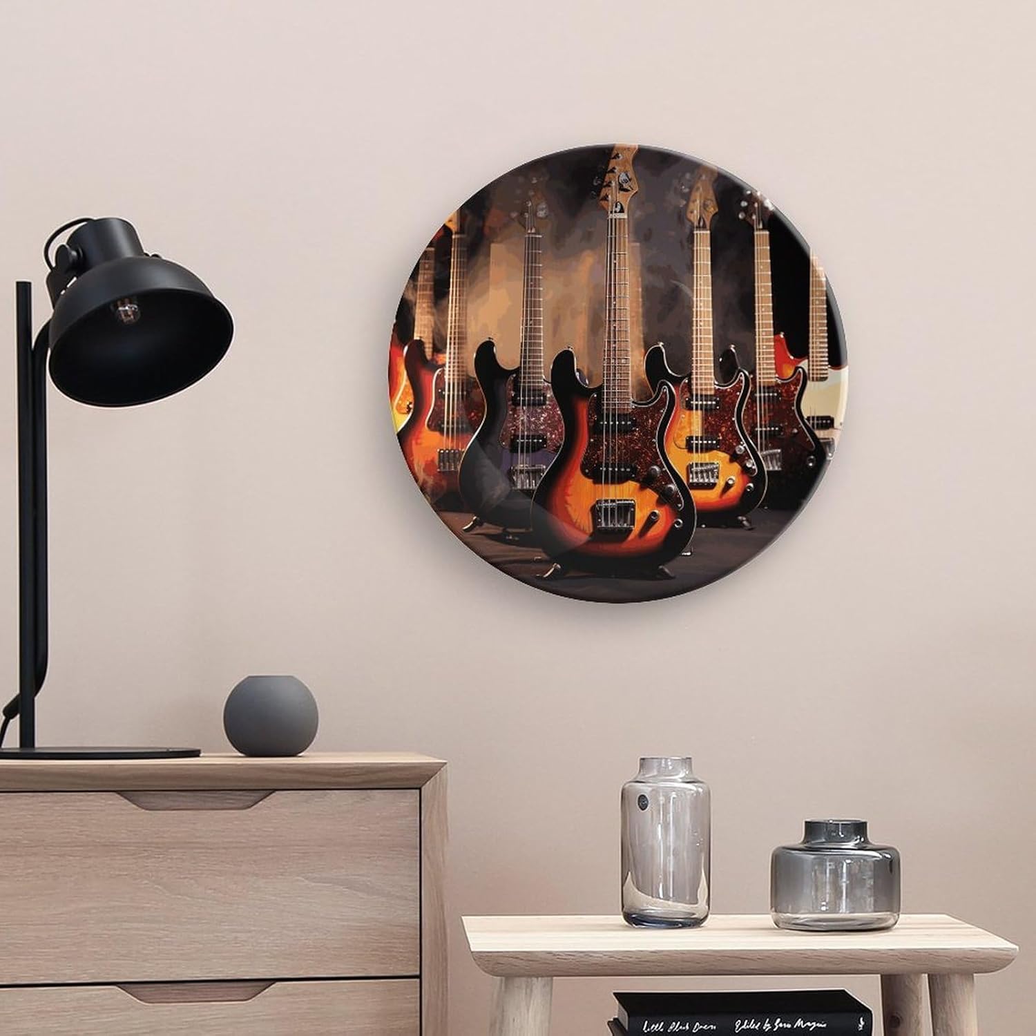 Cool Electric Guitar Ceramic Plate 10inch Decorative Bone China Wall Hanging Ornament Plates Bohemian Style Dinner Plate with Display Stand Cabinet Display Plates for Home Art Decor
