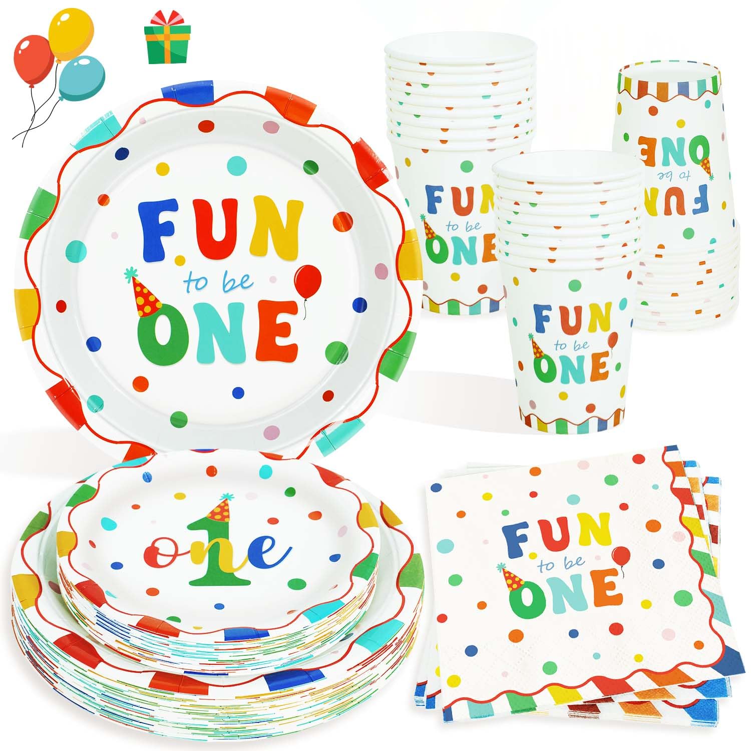 Heboland 1st Birthday Decorations for Boys Girl Colorful Paper Plates for 25 Guests, 100Pcs First Birthday Decorations Party Plates Cups and Napkins Fun to be One Decor Cake Smash Party Supplies
