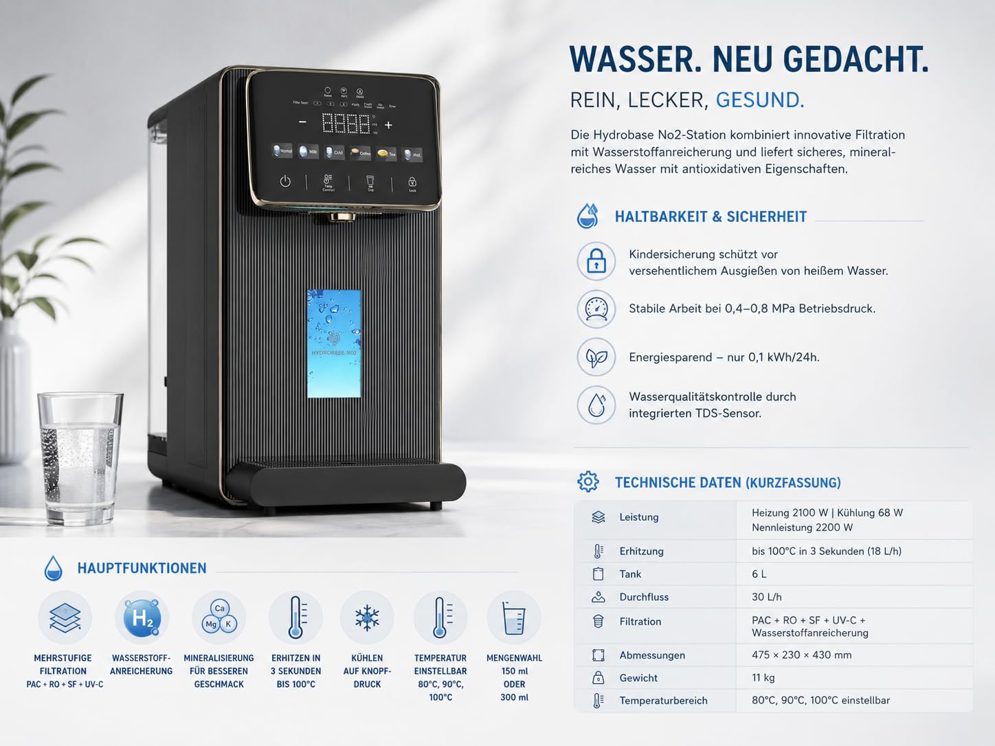 Hydrobase No2 Osmoseanlage Trinkwasser Auftisch Umkehrosmoseanlage 6L | UV-C, Wasserstoff