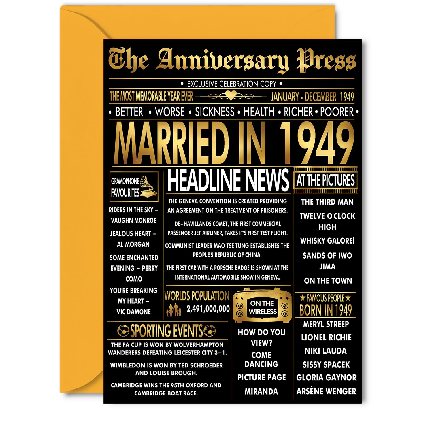 Gold 77th Anniversary Card for Women Men - Golden Newspaper Married in 1949-77 Year Wedding Anniversary Card for Wife Companion Husband Partner, 5x7 Inch Anniversaries Greeting Cards