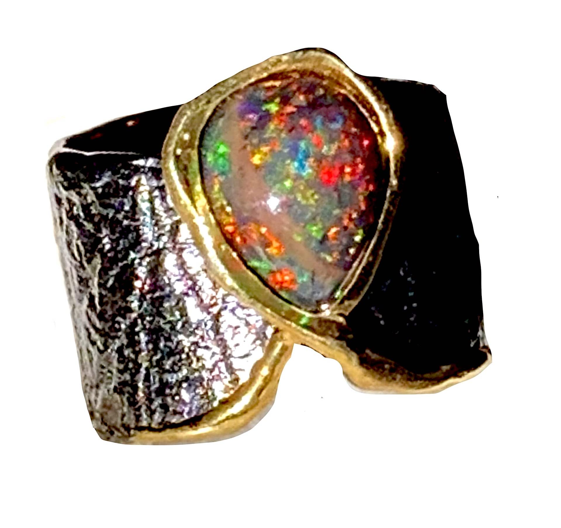 Australis Borealis- Superb Solid PINFIRE Black OPAL (1.24 ct) Natural Gemstone, Rhodium-14K Yellow Gold on 925 Sterling Silver, Band Ring Sz 9 Fine Jewelry for Women and Men.