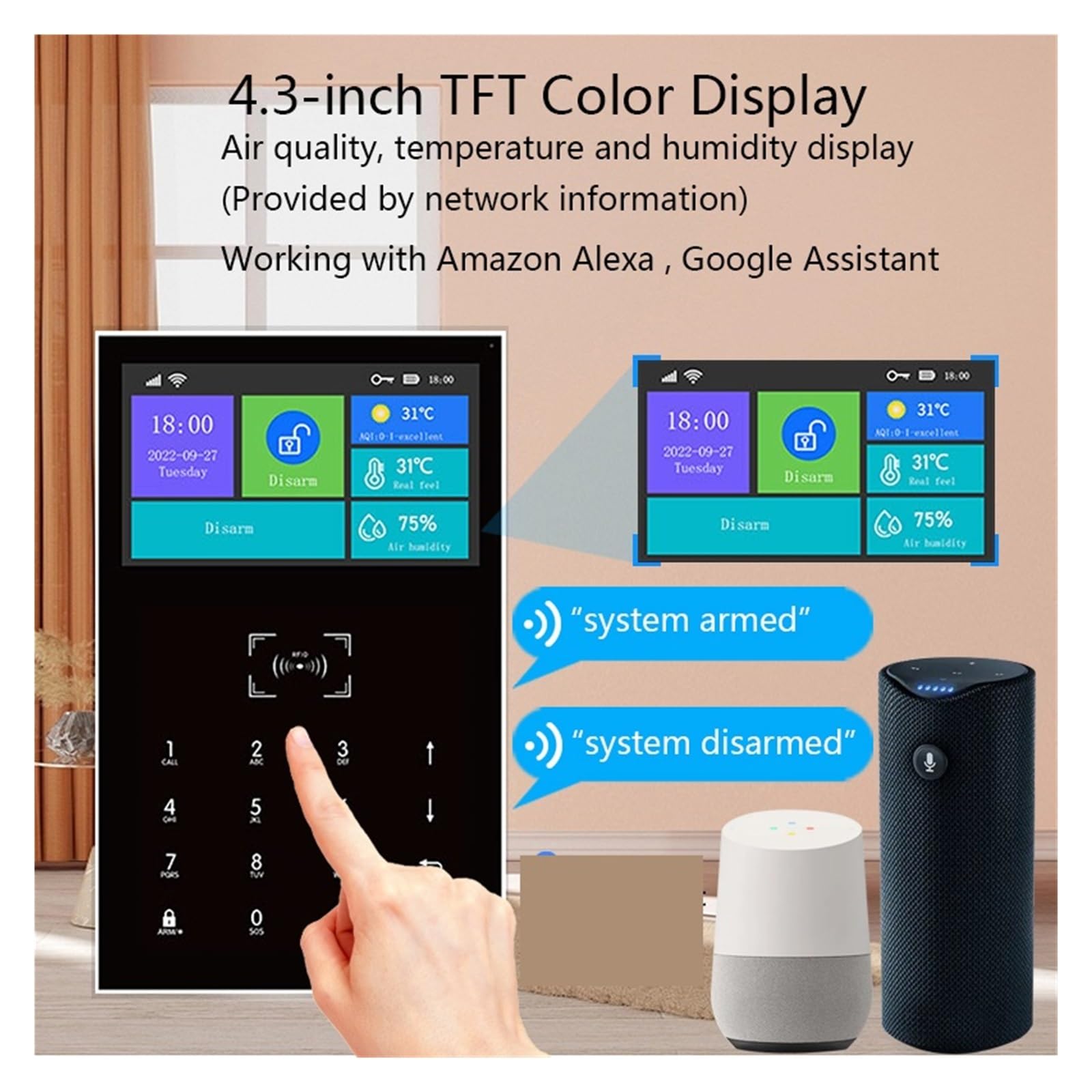 Sistemi Sicurezza Casa Smart Life Home di allarme sicurezza GSM Schermo da 4,3 pollici Host WIFI con porta e sensore movimento App Control Work(PG109 Host)