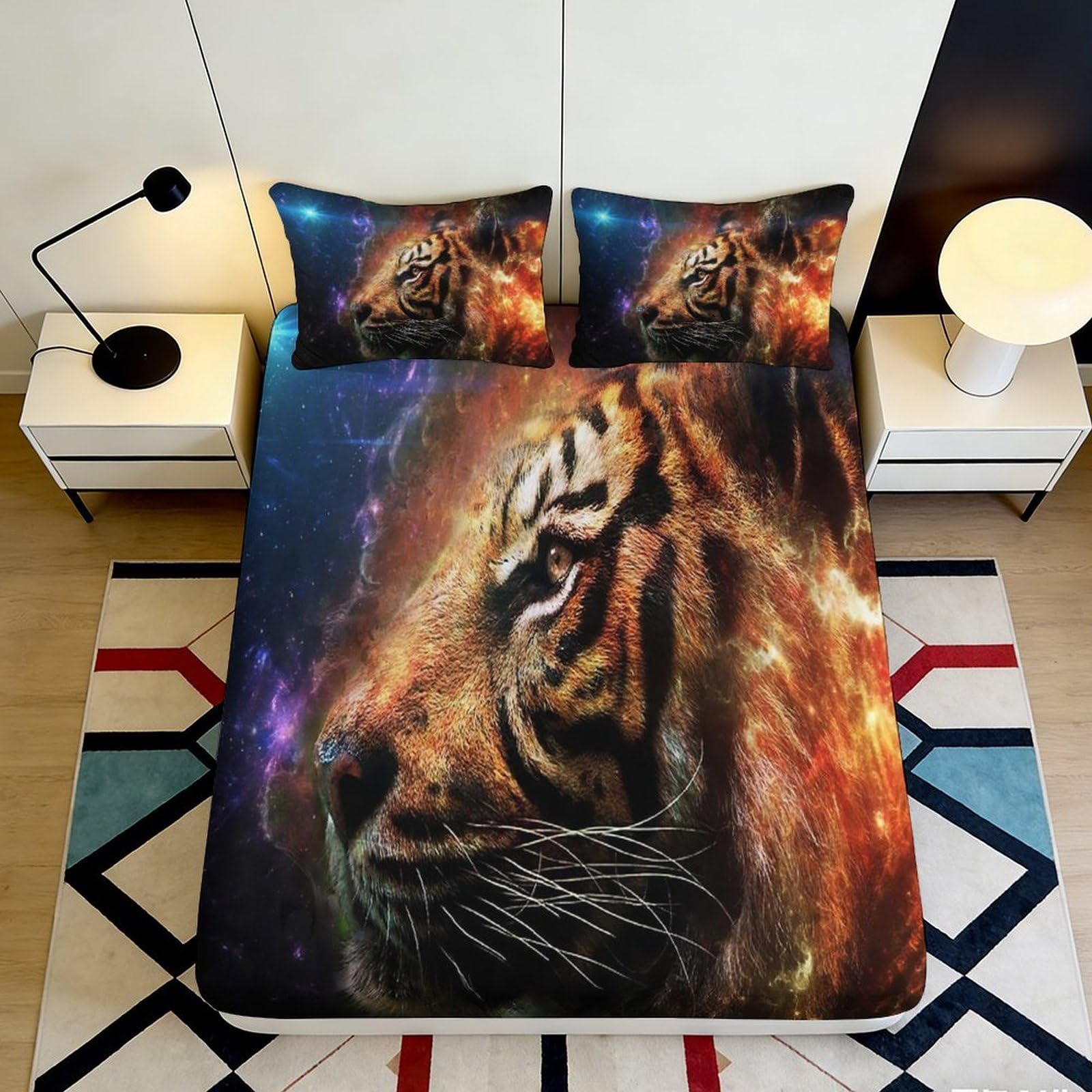 3D Printed Fiery Tiger Fitted Sheet Microfiber Soft Durable Cosmic Nebula Mattress Cover for Bedroom Dormitory Guest Room Bed Protector 200x200x25cm