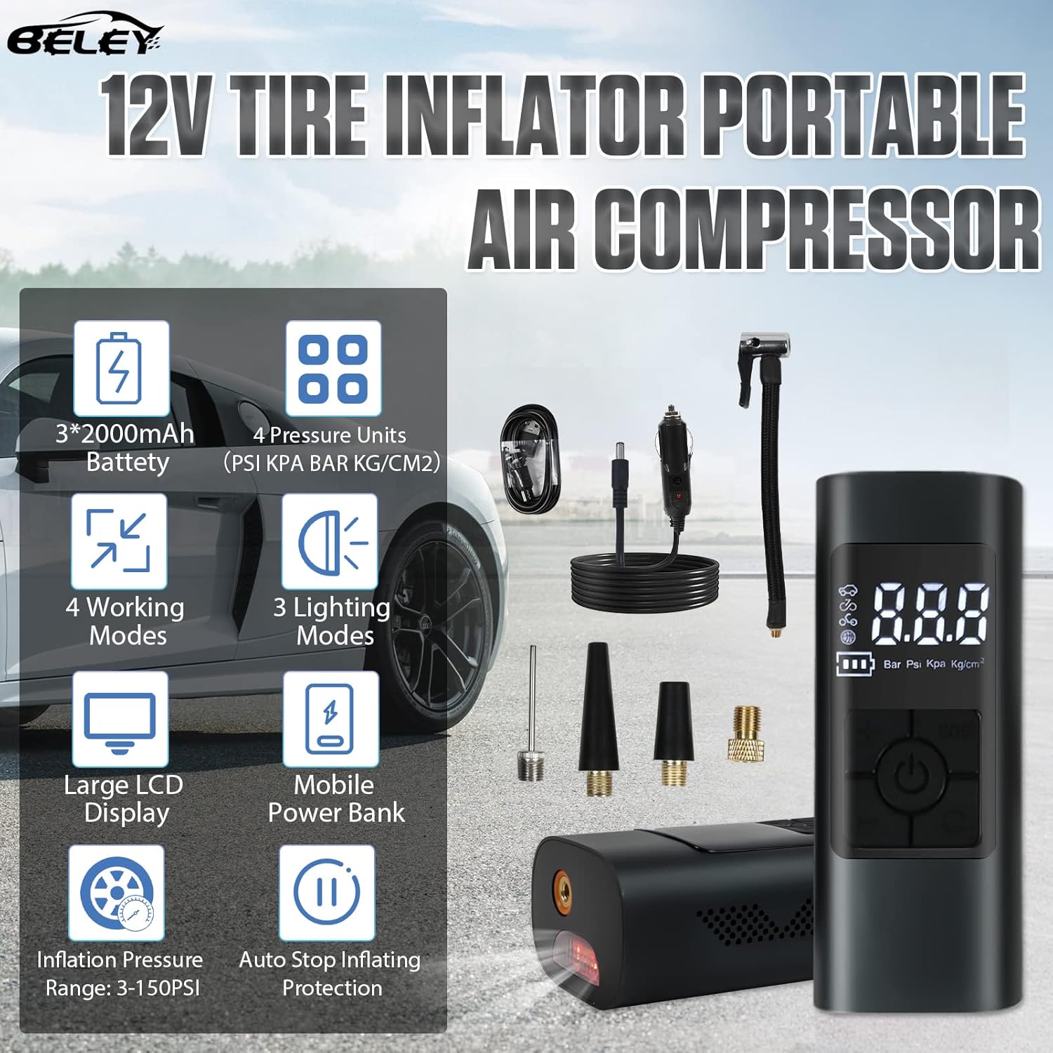 BELEY 150PSI 6000mAh Tire Inflator Portable Battery Air Compressor with Power Bank, LCD Electric Tire Pump with SOS Light & 16.4ft Car Power Cable for 12V Car Tires /Bike/Motorcycle/Balls/Swim Rings : Automotive