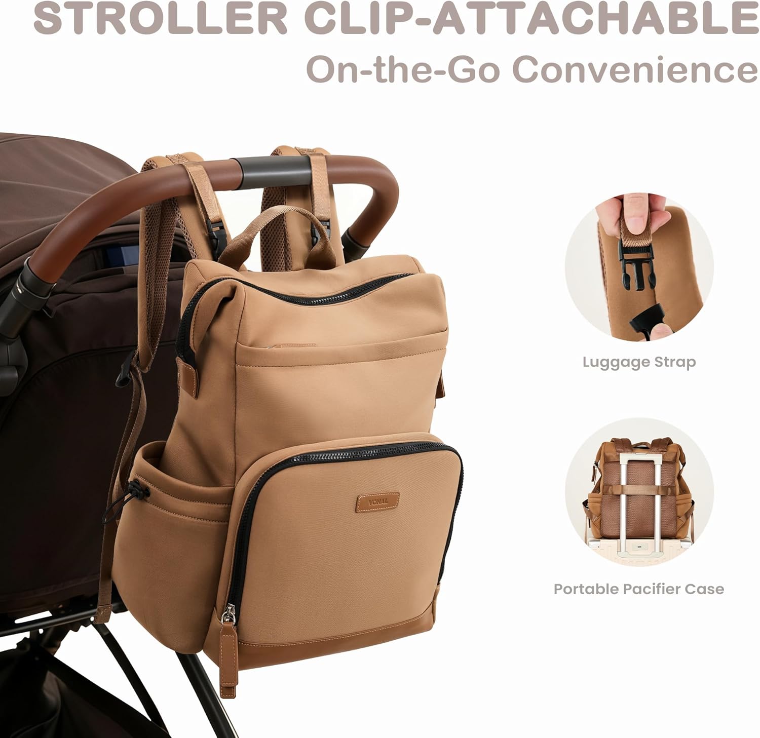 VONAL Neoprene Diaper Bag Backpack with Changing Pad, 33L Large Capacity Neoprene Backpack Baby Diaper Bag with Insulated Pockets, Travel Diaper Backpack Baby with 12 Pockets for Mom & Dad, Brown - Image 5