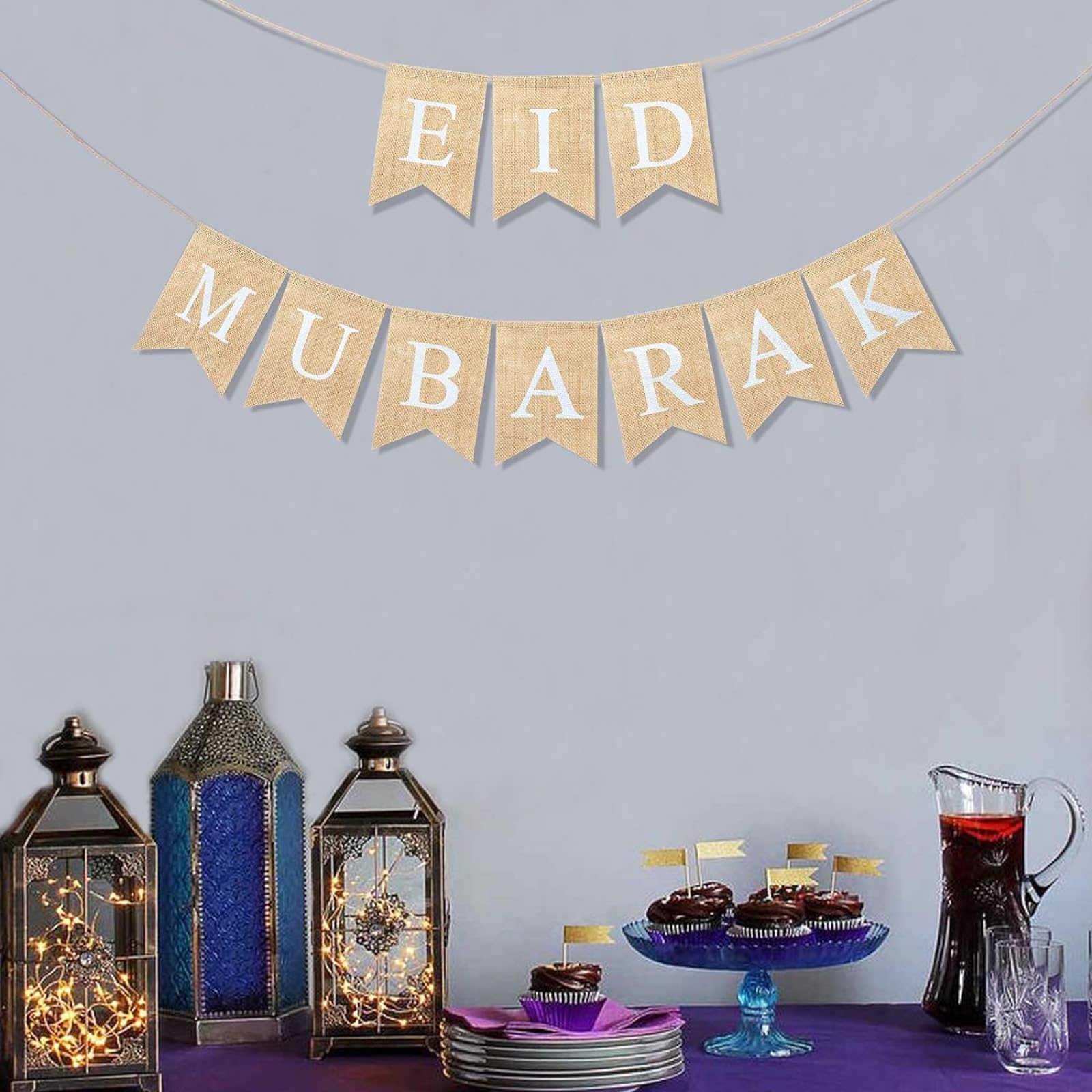 Eowppue Eid Mubarak Decoration Flag - Burlap Ramadan Mubarak Banner, Reusable Eid Party Decoration Banner, Umrah Mubarak Decoration