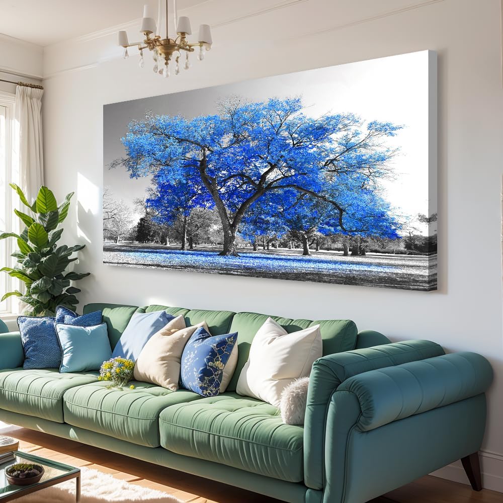 youkiswall art Bedroom Decor Painting Contemporary Blue Tree in Black and White Wall Decor for Bedroom Style Fall Landscape Picture Modern Giclee Stretched and Framed Artwork 60"L x 30"W