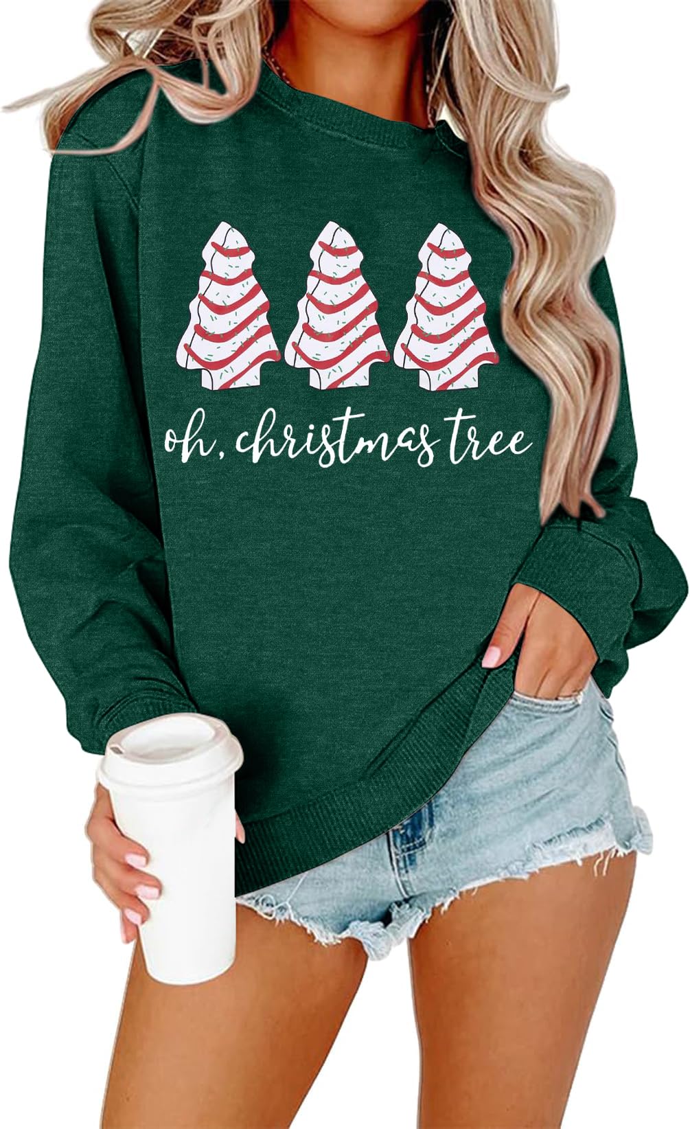 BANGELY Christmas Sweatshirt Women Christmas Tree Cake Graphic Sweater Shirts Xmas Holiday Pullover Cute Long Sleeve Tops