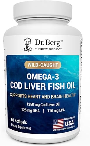 Dr. Berg Aceite de pescado de hígado de bacalao omega-3 de máxima fuerza (1250 mg) de bacalao capturado en la naturaleza - Aceite de pescado omega-3