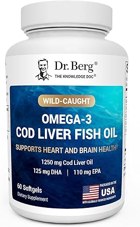 Dr. Berg Maximum Strength Omega-3 Cod Liver Fish Oil (1250 mg) from Wild-Caught Cod - Lemon-Flavored Omega-3 Fish Oil for Women & Men - EPA DHA Supplement – 60 Softgels