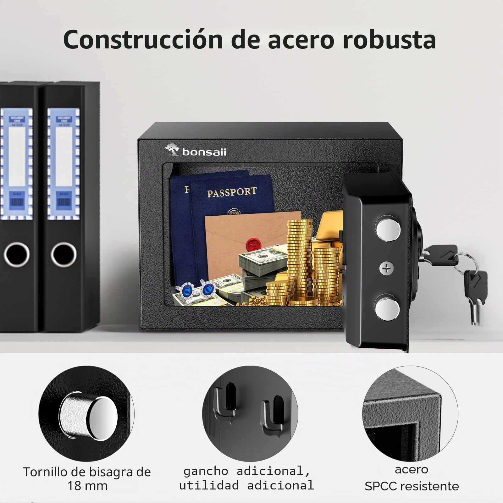Bonsaii Caja Fuerte Mini 6.6L con Pantalla LED, Teclado Electrónico y Llave – Caja Fuerte Compacta de Acero con USB de Respaldo para Oficina, Hogar y Hotel | Construcción de acero, mini caja fuerte digital con 2 llaves de emergencia, para dinero en efecti