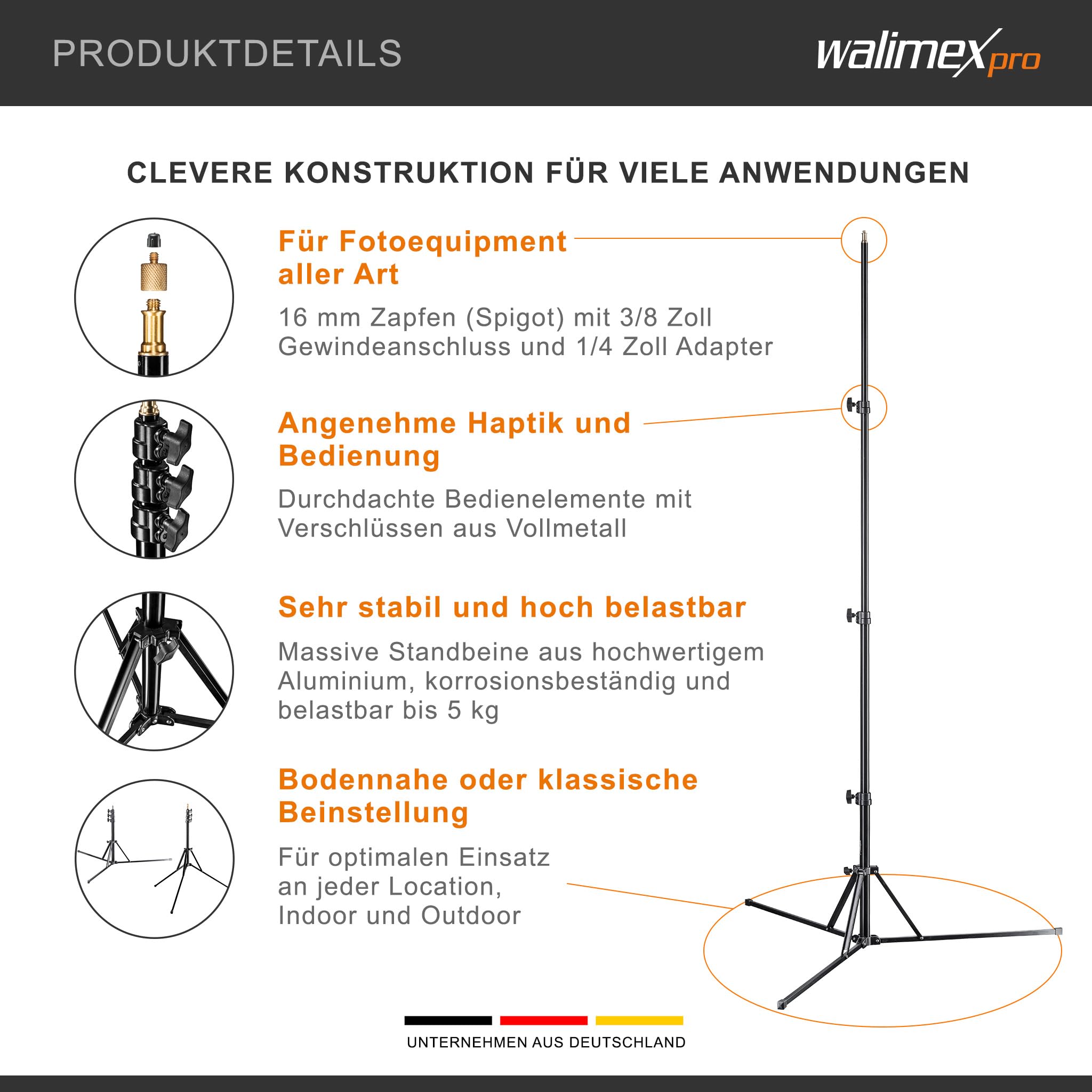 Walimex pro GN-806 Lampenstativ bis 215 cm Arbeitshöhe, Lichtstativ bis 5 kg Traglast, höhenverstellbares Blitzstativ aus Aluminium für Fotostudio und Mobil, für Video, Blitz, Softbox und Ringlicht