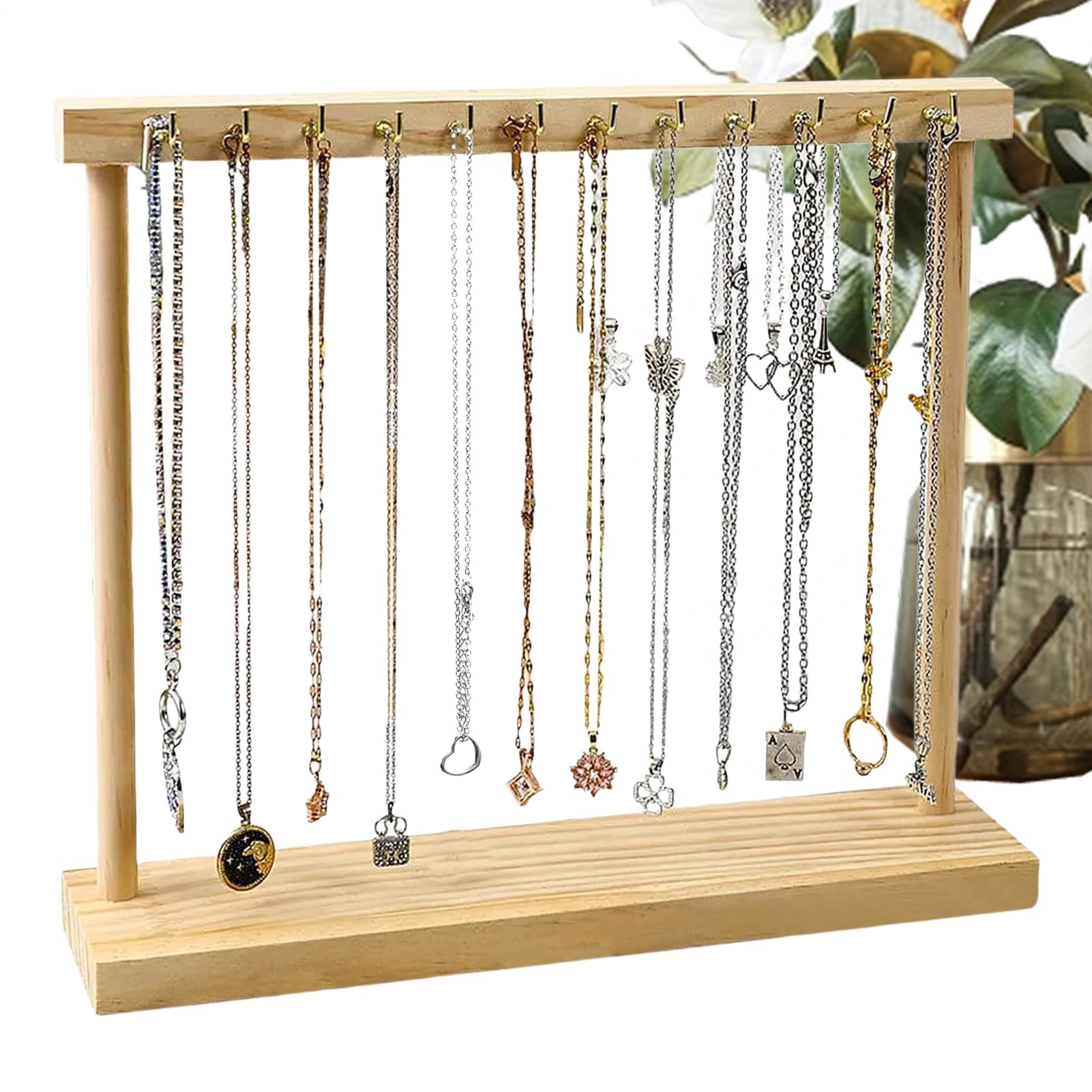 Expositor de joyas de madera rectangular con 12 ganchos para pulseras en mesa tocador