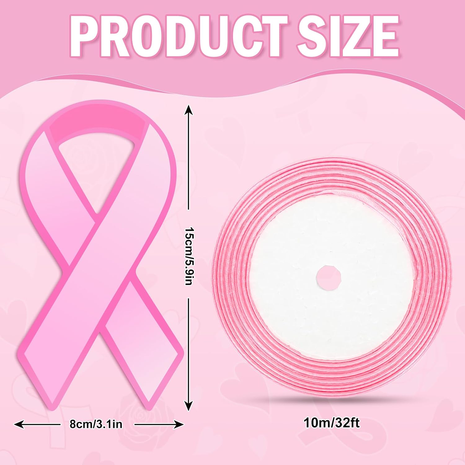 Whaline 100 Pcs Pink Ribbon Cutouts Breast Cancer Awareness Paper Ribbons Cut-Outs with 32 Ft Pink Ribbon 200 Pcs Glue Points for Women Charity Public and Social Event Supplies Decor