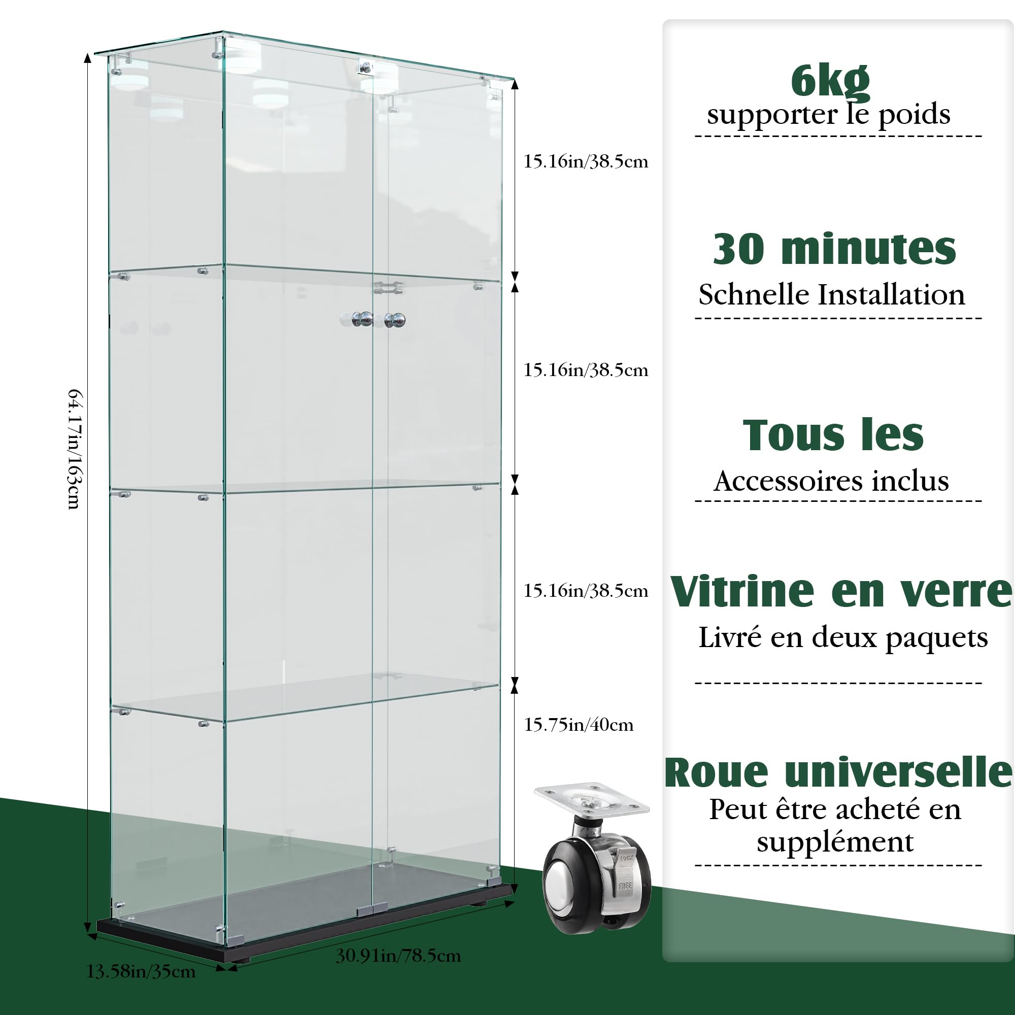 Vitrina de cristal con iluminación LED en negro, 163 x 35 x 78,5 cm, moderna vitrina de cristal de madera, 4 capas y 2 puertas, vitrina de cristal para oficina, salón, cocina