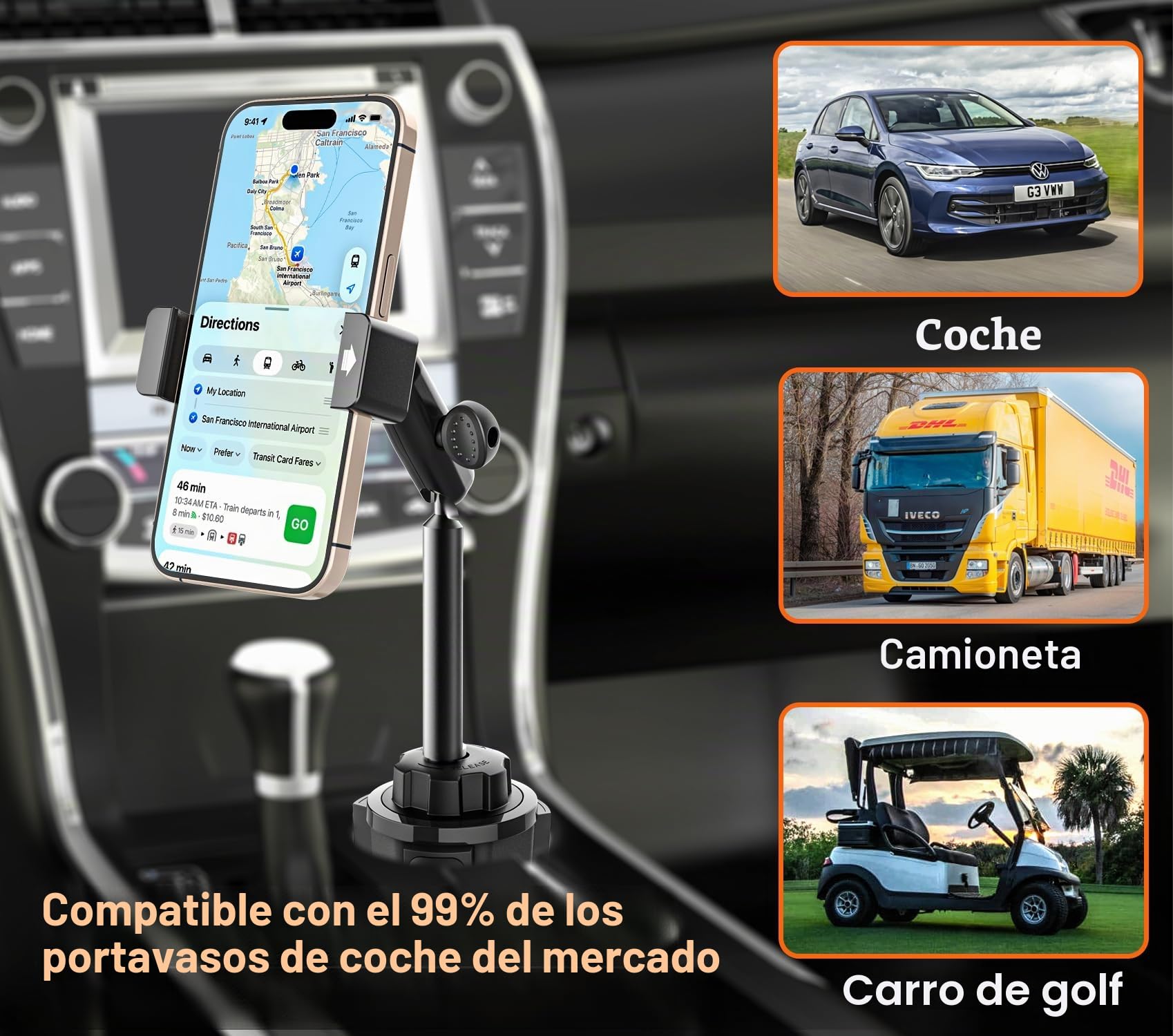 Metal Soporte Móvil Posavasos Coche - Estable Duradero Robusto | Soporte Móvil Taza Coche con Brazo Ajustable de Aluminio para Todos los Teléfonos, iPhone 17 16 15 Pro Max, Galaxy S26, etc