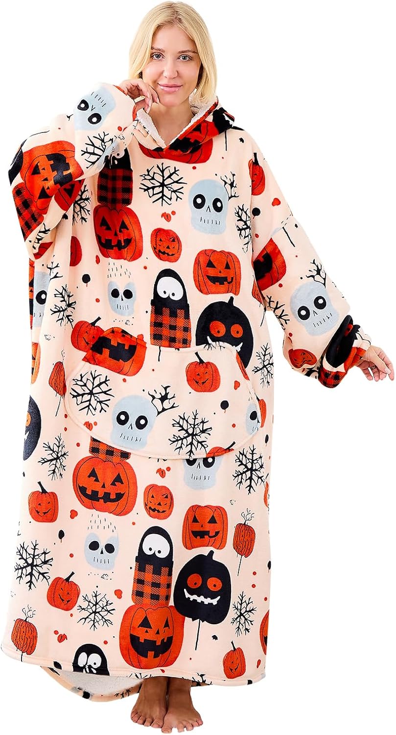 Moinlizy Wearable Blanket Hoodie, Long Thick Hooded Blanket Oversized for Adults Women Men with Pocket and Sleeves