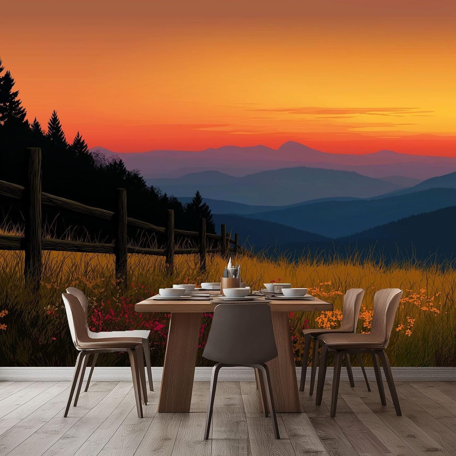 hgjdjhnf Landscape Wallpaper, Grass, Sunset, Non-Woven wall Covering, Orange Color, for Living Room, Bedroom, Office, Hallway, wall Decor, Teenager's Room, wall Mural, wall Decoration, 250cm x 175cm