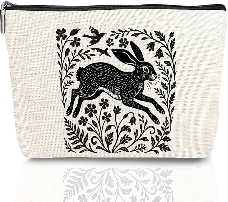 Necessaire de cosméticos jeilink com estampa Coelho Preto, algodão e linho, zíper metálico