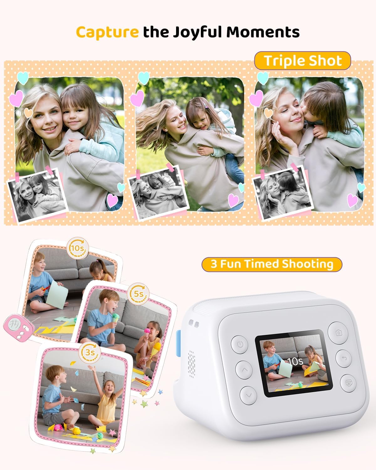 Kids Color Instant Print Camera – Kids Camera with 5 Color Photo Paper, 48MP & 1080P Video, 21 Fun Frames, 32G Card, Christmas/Birthday Gifts for Girls and Boys Ages 3 4 5 6 7 8 9 10 11 12 -White