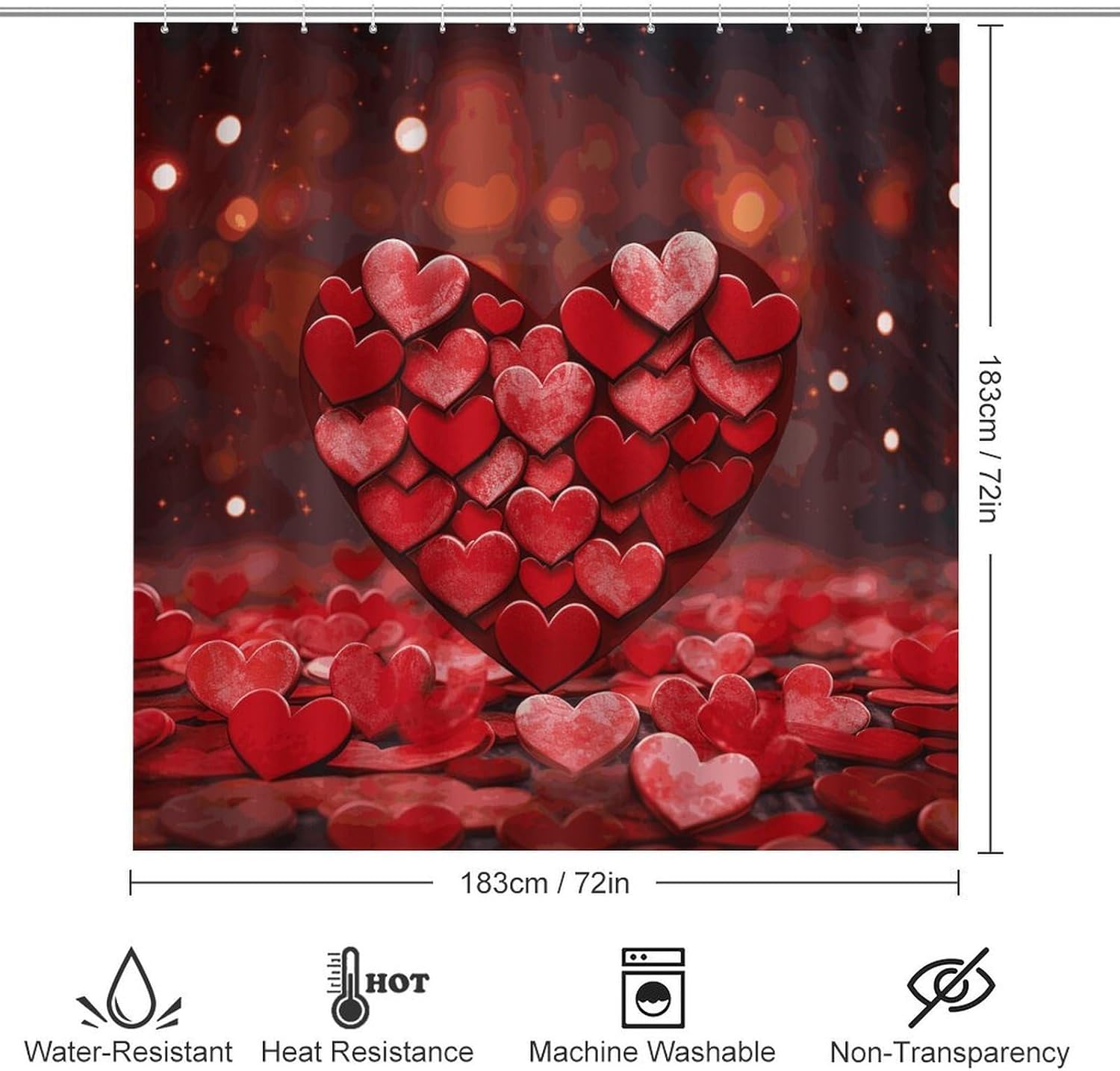 Hearts Love Shower Curtain Set 4 Piece, Non-Slip Bath Mat with Toilet Lid Cover and Waterproof Shower Curtain with 12 Hooks, Complete Bathroom Set for Home Decor